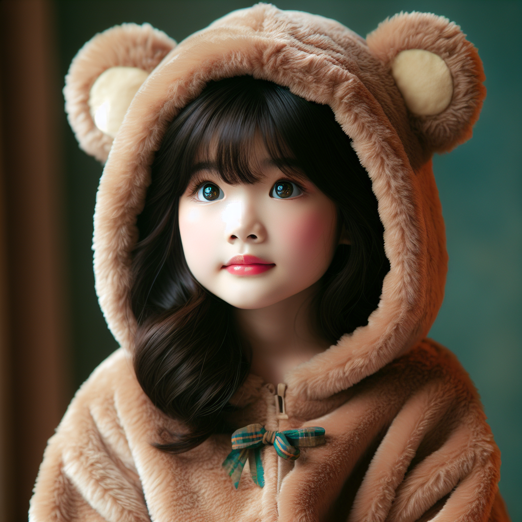 The artwork presents a cute, Christmas-themed scene, where we see a child dressed in a bear outfit. The coat drapes the child in a cuddly build, equipped with bear-like ears, while their eyes are bright with holiday wonder. It's a delightful illustration emphasizing that the portrayed individual is a child, not a pet.
.
Made with ❤️ by AI.