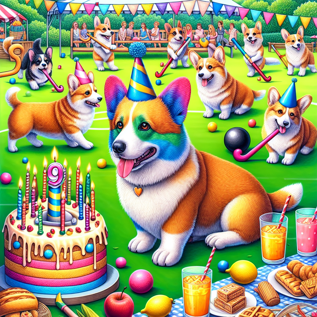 Craft a light-hearted, birthday-themed illustration showcasing a lively group of corgis, each with a uniquely dyed fur color, engaging in a field hockey match in a vibrant, colorful park. Amidst the active gameplay, one corgi halts to share an amusing stare with the viewer, a field hockey ball resting near its paw. Various picnic treats are strewn around the field, the centerpiece being an oversized cake designed to look like a gin bottle, extravagantly decorated with icing and candles.
Generated with these themes: Corgi, Field hockey, Hair dye, Food, and Gin.
Made with ❤️ by AI.