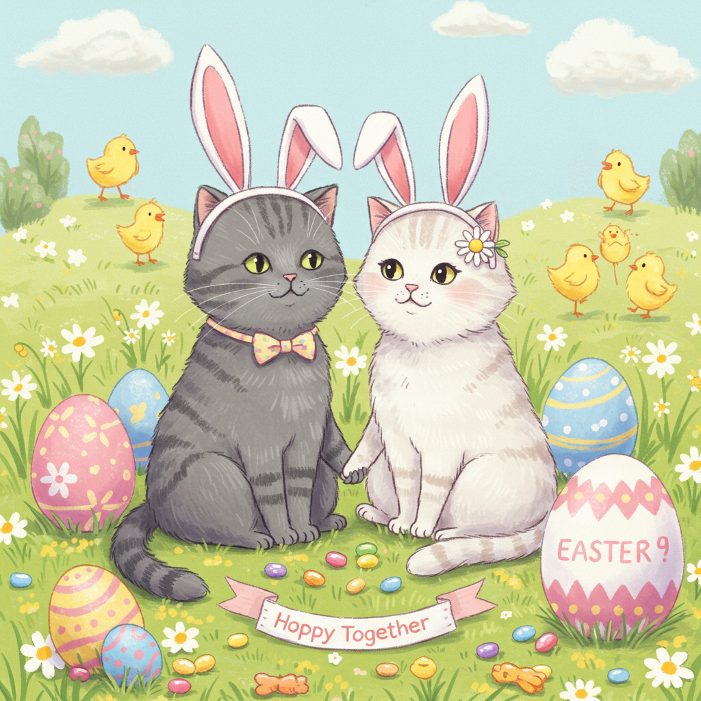 **At the top of the illustration image:** "Some-bunny loves you, Mark – and she’s feline it this Easter!"

**Image Prompt:**  
A charming, funny illustration of two cats sitting on a spring meadow, both wearing oversized pastel bunny ears that are slightly askew. The male cat is gray and slightly scruffy with a tiny bowtie, and the female cat is fluffy white with a daisy behind her ear. They are lovingly staring into each other’s eyes while holding paws. Around them are decorated Easter eggs, jellybeans, and a tiny banner between their tails that reads “Hoppy Together.” A few little chicks are playfully hopping in the background, forming heart shapes as they bounce. The scene radiates silly romantic vibes in a light, whimsical art style with pastel tones. A big egg nearby has the Easter date humorously painted on it, as if by one of the cats.
Generated with these themes: Two cats in love wearing bunny ears for Easter. One cat is male, the other one is female. Show that these cats are really in love and romantic. Easter date. .
Made with ❤️ by AI.