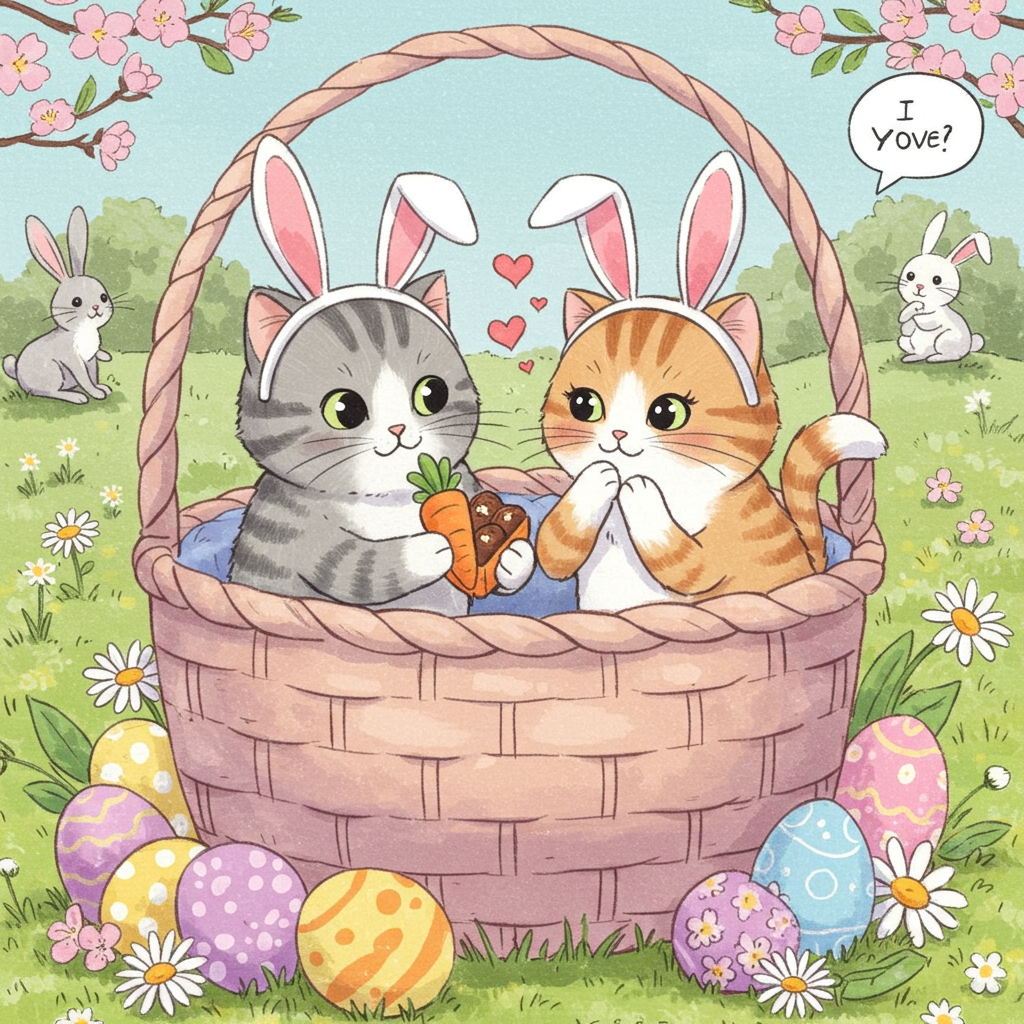 At the top of the illustration image: *Hoppy Easter, Mark – Somebunny's in love... and it's purr-fectly adorable!*

**Image Prompt:**

A charming and comical illustration of two fluffy cats in love, one male and one female, sitting cozily in an oversized pastel-colored Easter basket surrounded by colorful Easter eggs, daisies, and spring blossoms. Both cats are wearing large, floppy bunny ears—one pink, one blue—and gazing lovingly into each other's eyes, with little cartoon hearts floating above them.

The male cat is offering a carrot-shaped box of chocolates to the female cat, who blushes with her paw coyly covering her smile. They each have their tails curled together in a heart shape. In the background, there's a bunny hopping away looking mildly confused, as if thinking, "Those aren’t rabbits…"

Soft springtime colors dominate the scene, and the style is whimsical, hand-drawn, and playful, capturing a joyful, light-hearted Easter vibe with a strong dose of feline romance.
Generated with these themes: Two cats in love wearing bunny ears for Easter. One cat is male, the other one is female. Show that these cats are really in love and romantic. Easter date. .
Made with ❤️ by AI.