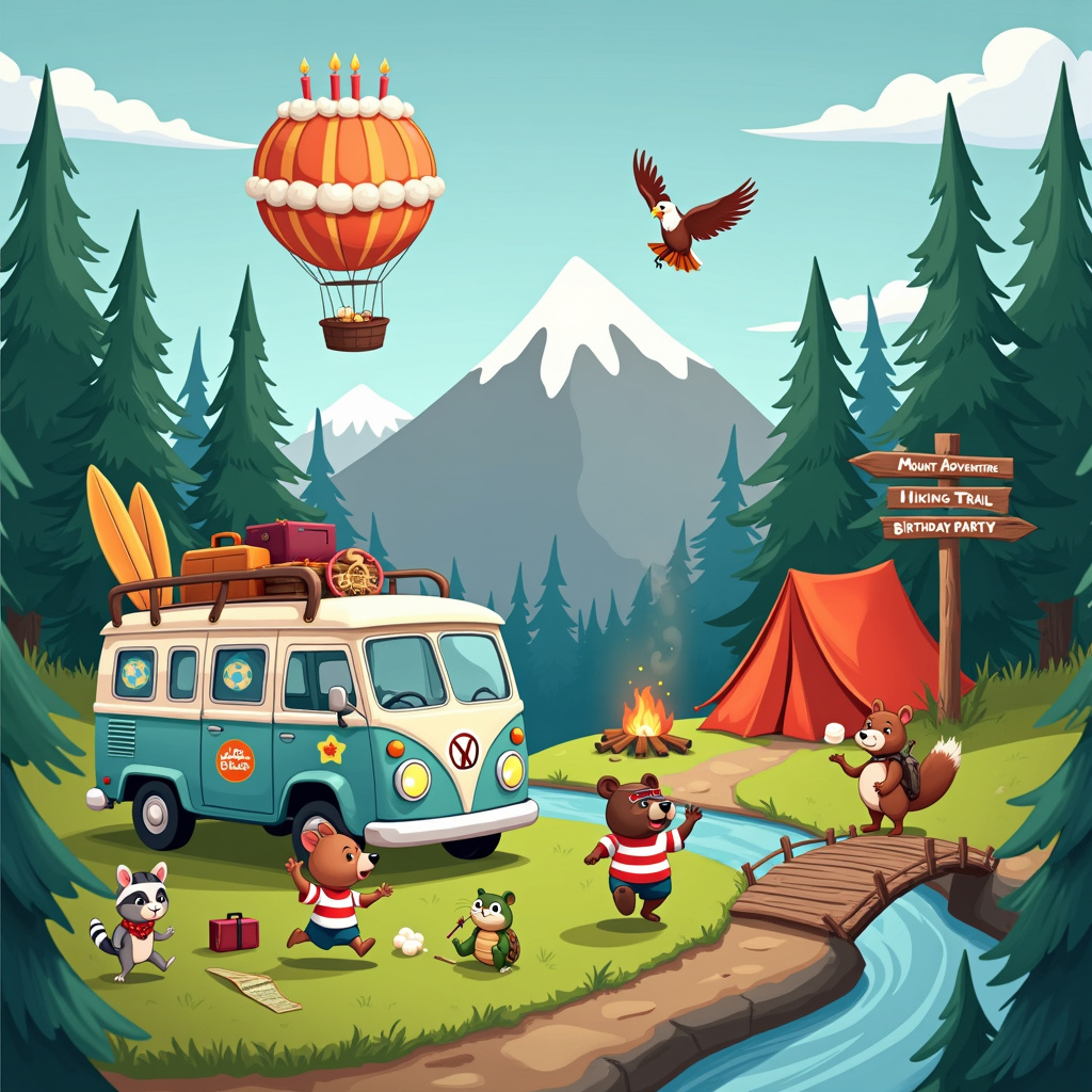 The front cover of the birthday greeting card features a bustling cartoon scene set in a vibrant, slightly exaggerated forest clearing, teeming with quirky details that bring together travel, sport, and the outdoors. The foreground is dominated by a vintage, anthropomorphic camper van with a wide grin and large, expressive headlights that give it a playful personality. The van is decked out with colorful travel stickers from around the world, including landmarks like the Eiffel Tower, Mount Fuji, and the Pyramids of Giza. It has a rooftop luggage rack piled high with mismatched suitcases, a surfboard, and a bicycle.

To the left of the camper van, a small group of animals is engaged in a friendly soccer match. A bear wearing a referee's whistle and cap is blowing a whistle, while a rabbit in a striped jersey leaps mid-air to head the ball, and a turtle with tiny, fast-moving legs attempts to block the goal. The goalposts are made from tree branches, adding to the outdoor vibe. 

To the right of the camper van, there's a makeshift campsite with a bright red tent and a campfire crackling merrily. Around the fire, a raccoon is roasting marshmallows on a stick, and a squirrel, wearing a tiny explorer's hat and holding a map, looks on eagerly. A wooden signpost next to the campsite points in various whimsical directions: "Mount Adventure," "Lake Fun," "Hiking Trail," and "Birthday Party."

In the background, towering pine trees and a clear blue sky set the scene, with a hot air balloon shaped like a giant birthday cake drifting gently above, complete with frosting and candles. A friendly eagle soars alongside it, wearing aviator goggles and a scarf flapping in the wind.

Adding to the charm, a stream runs through the scene with a small wooden bridge crossing it. On the bridge, a beaver with a tiny backpack and walking stick is trekking across, heading towards the festivities. In the distant background, a mountain range looms with snow-capped peaks, adding depth and a sense of adventure to the illustration.

The overall composition is brimming with life, each element inviting the viewer to explore and smile at the clever, detailed interplay of travel, sport, and outdoor adventure.
Generated with these themes: Travel, Sport, and The outdoors.
Made with ❤️ by AI.
