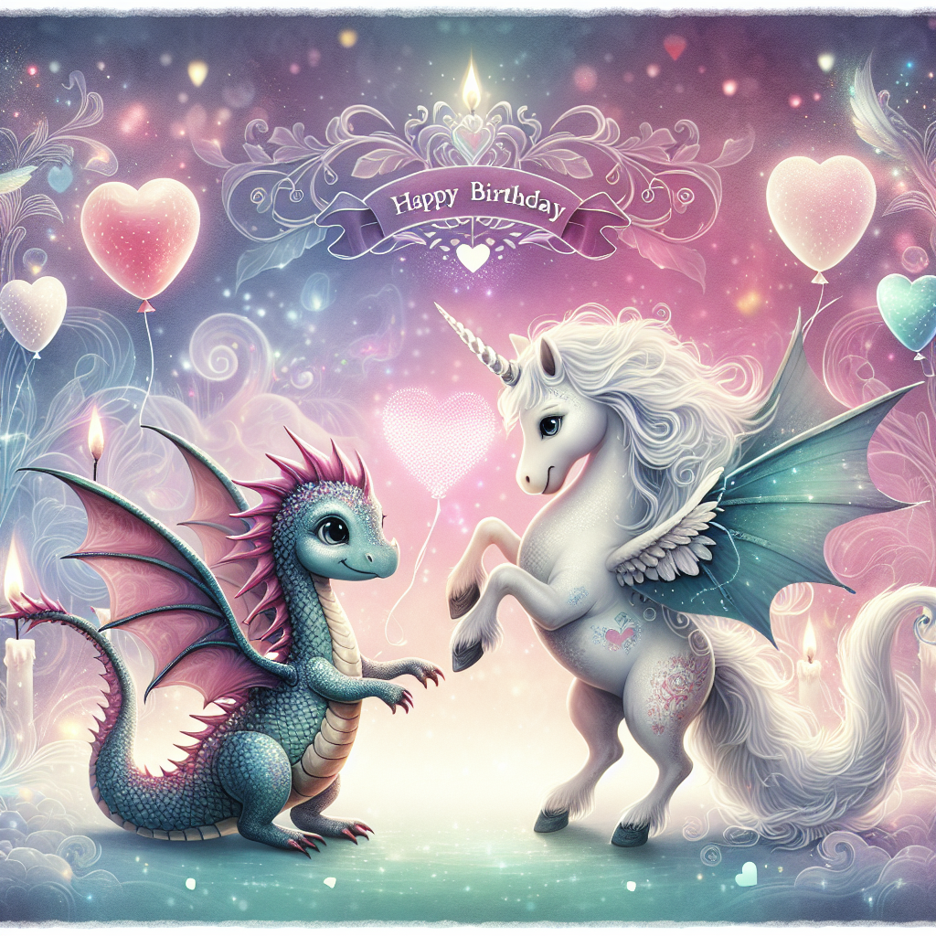 An enchanting birthday-themed scene with a whimsical unicorn and a friendly-looking dragon dancing together amidst a background glowing with ethereal motifs. The dragon's scales appear soft, mirroring a pattern of affection and camaraderie. The unicorn's horn emits a soft, mystical glow. Above them, heart-shaped balloons are drifting towards the sky. This enchanting meet of joy, wonder, and a sprinkle of mystery wholly encapsulates the wonder of such a special occasion.
Generated with these themes: Dragon, Unicorn, Spiritual, and Love.
Made with ❤️ by AI.