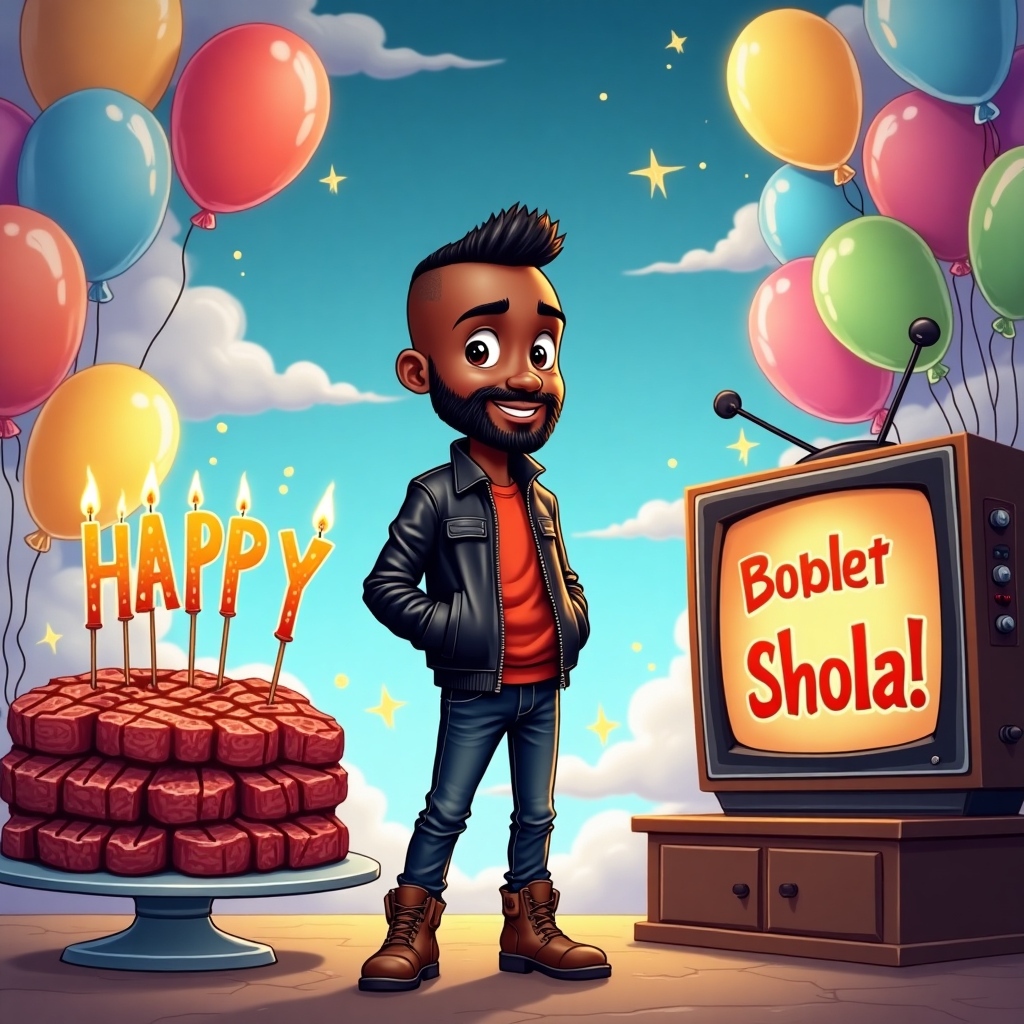 In the center of a bustling and colorful cartoon scene, a little black boy with a shiny bald head and a bushy beard stands proudly, embodying the perfect balance of cool and quirky. He is rocking a sleek black leather jacket, paired with skinny black jeans that are a snug fit and highlighted by his stylish brown Chelsea boots. Around him, an explosion of vibrant balloons floats in the air, each one a different bright color, creating a lively backdrop that dances with movement and joy. The balloons seem to be playfully nudging each other in a merry game of tag, with some shaped like stars and others like hearts, and they even cast rainbow reflections on the ground.

Next to the boy is an eye-catching birthday cake, but with a twist — it's made entirely out of juicy, perfectly grilled steaks, each tier succulent and glistening under the light. Topping this meaty masterpiece are candles made from skewers with flame-like flickers at the tips, ready to be blown out. The cake sits atop a shiny silver platter that gleams in the setting's glow.

Off to the side, there's an oversized, old-school box TV displaying a still from a YouTube video that features the words "Happy Birthday Shola!" in big, bold letters. This cleverly weaves the name of the recipient into the scene, making it a focal point. The TV is decorated with retro antennae and sparkles twirl around its frame, as though it’s an enchanted device delivering Shola's special birthday message.

Above all this, the sky is an artist’s tapestry of blues and purples, speckled with glittering stars that seem to wink down at the festivities below. A playful flock of fluffy clouds dances across the scene, and within them, cleverly hidden yet bold, the name "Shola" is spelled out, as if written by a celestial hand. These elements together create a festive, playful birthday landscape that combines creativity with personalization, ensuring Shola's special day is unforgettable.
Generated with these themes: Little black boy with bald head and a beard, Wearing black leather jacket, skinny black jeans and brown chelsea boots, Surrounded by balloons, Birthday cake made out of steak with candles, TV with YouTube , and Sparkle.
Made with ❤️ by AI.