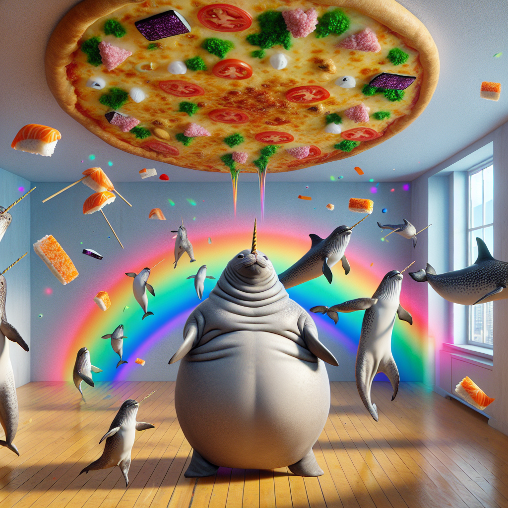 Imagine a surreal room where the boundary between normality and the fantastic blurs. Festively floating in the air are narwhals, creating an illusion of the convergence of the ocean and the sky. At the room's heart, an oversized pizza grabs attention, its cheesy crust topped with sushi pieces, representing a novel amalgamation of Italian and Japanese flavours. Spectral rainbows twirl and twist, synchronising with the rhythm of a lively hip hop dance sequence being executed with incredible accuracy. Within this unusual celebration, a hefty, round cat with an adorable chubbiness bounces joyously to the beats, eliciting smiles and affectionate chuckles.
Generated with these themes: Narwhals, Huge pizza with sushi on, Rainbows, Hip hop dance, and Chonk.
Made with ❤️ by AI.