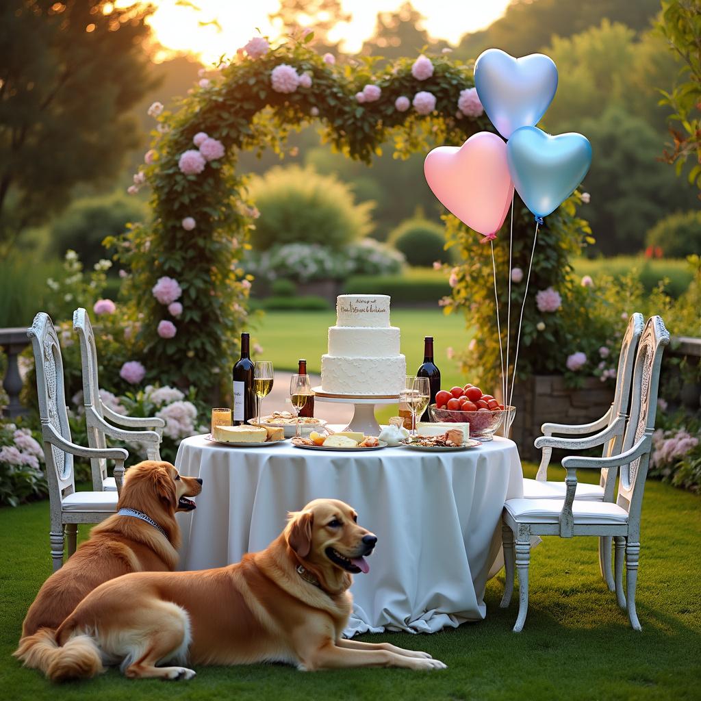 The scene is in a lush garden at sunset, with the light casting a golden hue over the entire scene. Two golden retrievers lie contentedly on the grass near a stone pathway leading to a heart-shaped archway, decorated with hydrangea flowers. Tricia & Daniel's gratitude gathering is signified by a grand table at the garden's center, draping in a white linen cloth. Atop the table are platters of cheese varieties, a bowl of fresh tomatoes, elegantly arranged next to a selection of wine bottles. In the middle of the table, there's a two-tiered cake, iced with a delicate heart pattern and the icing script reads, 'Thank You Tricia & Daniel'. Heart-shaped balloons in various shades of pink and blue float above, tethered to the backs of the chairs that encircle the table.
Generated with these themes: Golden retreivers, Garden, Sundowners, Hydrangeas, Tomatoes, Wine, Cheese, and Heart shapes.
Made with ❤️ by AI.