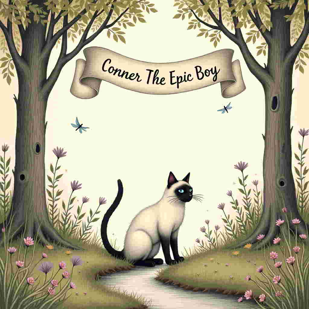 The front cover of this sympathy greeting card presents a solemn and intricate scene rendered in a hand-drawn style reminiscent of Edward Gorey and Aubrey Beardsley, with a touch of Maurice Sendak's whimsical intricacy.

Central to the composition is a beautifully detailed white Siamese cat, gracefully poised at the center. The cat's fur is depicted with delicate, flowing lines, highlighting its elegant features and distinctive dark points on its ears, face, paws, and tail. Its azure eyes gaze softly outward, drawing the viewer into the scene.

The background is an ethereal woodland setting, echoing the enchanting intricacies of Arthur Rackham and Beatrix Potter's worlds. Tall, gnarled trees surround the cat, their bark illustrated with fine, textured lines, creating a natural frame. The foliage overhead forms a gentle canopy, with interlacing branches sketched with meticulous detail. Dappled light filters through the leaves, casting subtle, intricate shadows on the ground, hinting at the tender interplay of light and shade seen in Maxfield Parrish's work.

Scattered across the forest floor are delicate wildflowers and soft tufts of grass, their petals and blades rendered in muted tones of lavender, cream, and soft green. A small, gentle brook winds its way through the scene, its surface sketched with fine ripples that catch glimmers of reflected light.

In the sky above, a whimsically styled banner floats gently, reminiscent of Quentin Blake's lively lines. The banner unfurls gracefully across the upper part of the scene, adorned with intricate patterns of leaves and vines. Within this banner, in a charming, hand-drawn script, is the text "Connor The Epic Boy," adding a personal touch to the tranquil composition.

This illustrated scene captures a serene and thoughtful moment, inviting the viewer to pause and reflect amidst the tranquil beauty of nature.
Generated with these themes: White Siamese cat.
Made with ❤️ by AI.