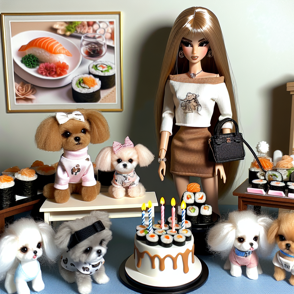 Illustrate a birthday party scene where precious dogs in petite, cutting-edge outfits gather around a sushi buffet. An impeccably styled, unidentified doll stands prominently, showing off her high-end handbag, next to a cake adorned with sushi roll candles. The theme combines sushi, dogs, and a trendy doll to create a joyous birthday atmosphere.
Generated with these themes: Sushi, Dogs, Barbie, and Fashion.
Made with ❤️ by AI.