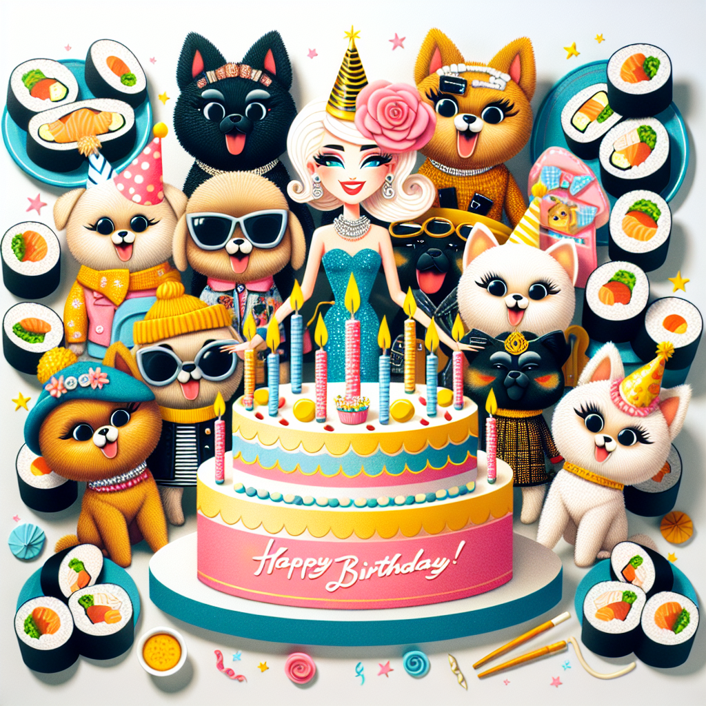 Generate a whimsical birthday illustration that showcases a group of cheerful dogs wearing stylish outfits, surrounded by an array of sushi plates. In the center, a generic fashion doll, dressed as a fashion icon with a glamorous dress and accessories, is holding a birthday cake. The entire scene should emit a joyful vibe with vibrant colors and playful elements that scream celebration.
Generated with these themes: Sushi, Dogs, Barbie, and Fashion.
Made with ❤️ by AI.