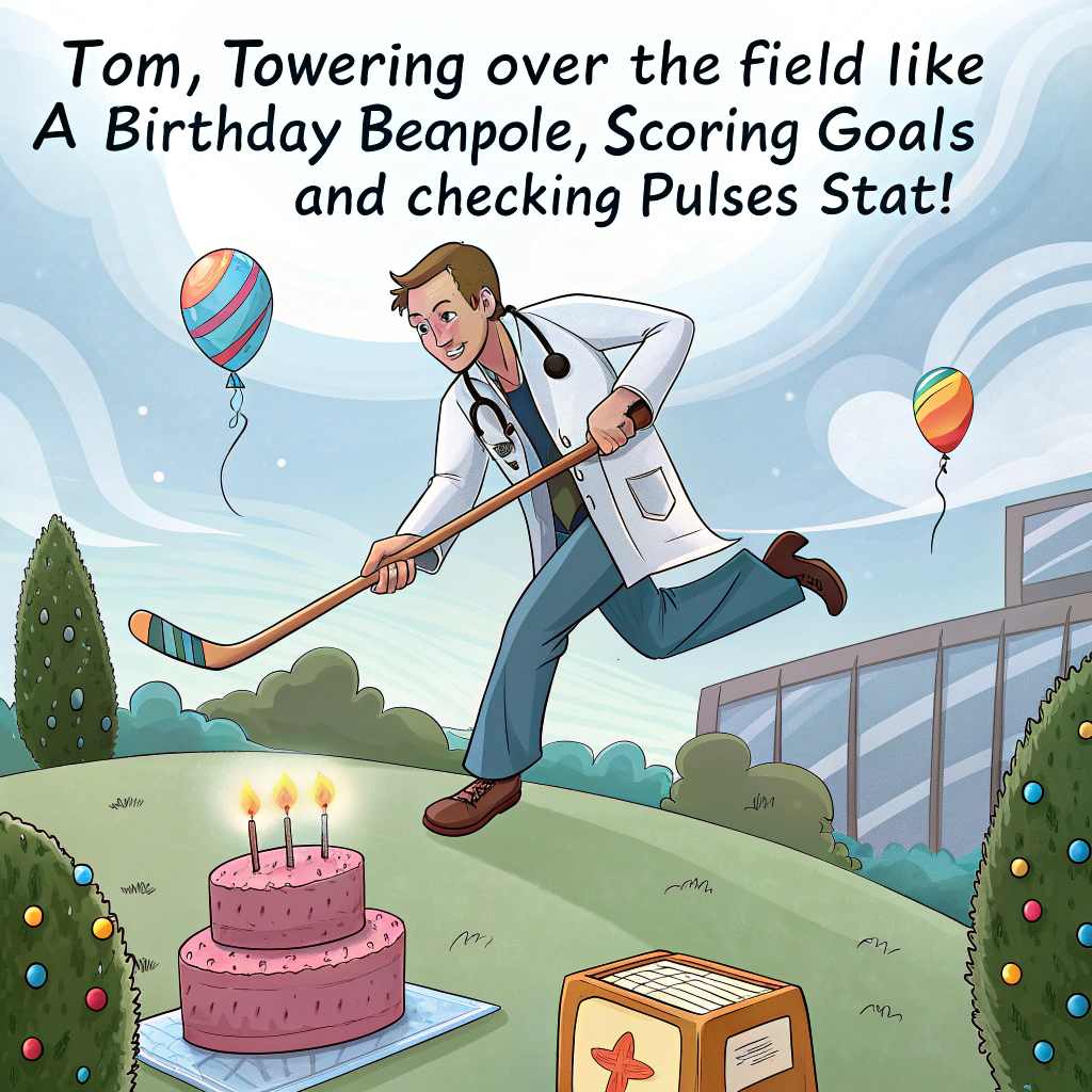 At the top of the image, "Tom, towering over the field like a birthday beanpole, scoring goals and checking pulses—Stat!"

- In the center of the image, illustrate a surreal and whimsical scene: A comically tall man (Tom) wearing hospital scrubs and a stethoscope flies mid-air in slow-motion, dramatically scoring a field hockey goal. His hockey stick doubles as an oversized thermometer.  
- The field transforms into a melting hospital floor with floating birthday candles, balloons shaped like IV bags, and celebratory streamers coming out of an oxygen tank.  
- A flaming “21” birthday cake is strapped to the hockey goal, with a party whistle poking out from between the goalposts.
- Spectators on the sidelines are quirky anthropomorphic medical tools (like a partying scalpel with a tiny hat and sunglasses), wildly cheering with glittering pom-poms.  
- In the surreal, cloudy sky above, syringes float like rockets and there's a surreal blimp in the shape of a birthday cupcake.

At the bottom of the image, add the text:  
"Time for a dose of FUN—Side effects may include epic goals, absurd height, and uncontrollable birthday cheer!"
Generated with these themes: Scoring field hockey goal wearing scrubs, Hes very tall, and Celebrating 21st birthday.
Made with ❤️ by AI.