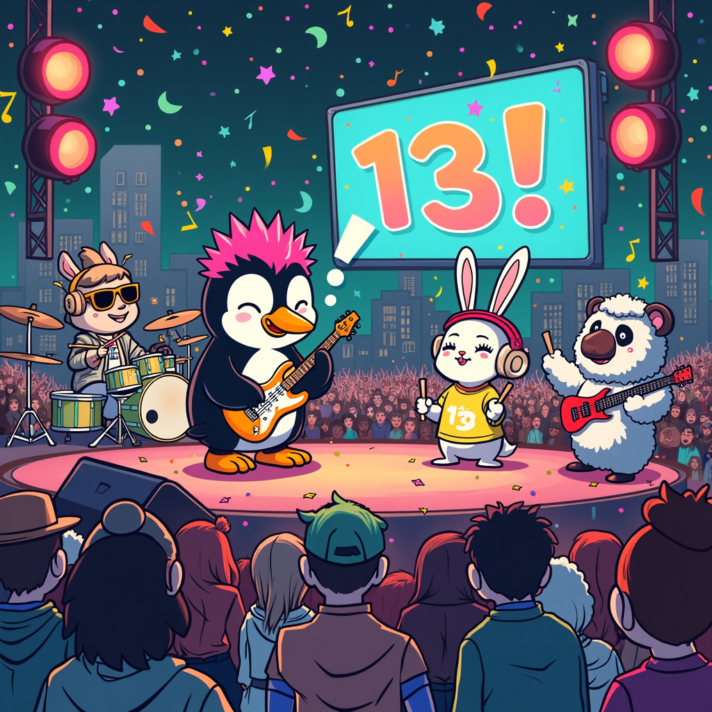 The front cover of the birthday card showcases a whimsical, animated scene set on a bustling K-pop concert stage. The setting is brimming with vibrant colors and dynamic characters, blending inspiration from the worlds of Charles Schulz and Bill Watterson. At the center of the stage, a group of cartoon animals forms an enthusiastic K-pop band, each wearing quirky, exaggerated costumes reminiscent of their favorite human K-pop idols, yet with a humorous twist. The band consists of a cool penguin lead singer with spiked, neon pink feathers, and a shiny silver jacket that glistens under the stage lights. Next to him, a hyperactive rabbit drummer is decked out in oversized sunglasses and a bright yellow shirt emblazoned with the number "13" in bold, graffiti-style font, playfully nodding to the birthday theme.

Beside the rabbit, a panda plays the electric guitar with intricate detailing on its face, akin to traditional manga expressions, its fur patterned in a musical staff design. To the side, a sheep DJ spins a set of turntables, with headphones larger than its woolly head, its fleece styled into a fashionable K-pop hairdo. Above them, a giant LED screen broadcasts animated emoticons that mimic the excitement of the crowd, while confetti rains down from overhead like in a classic Disney spectacle. The audience, a mix of caricatured humans and cartoon animals, is shown bouncing and waving glow sticks, creating a sea of twinkling lights that spell out "13!" in an energetic swirl of colors. 

In the background, a playful homage to Hergé and Winsor McCay is seen in the form of a surrealist cityscape, where skyscrapers are interwoven with giant musical instruments—a saxophone skyscraper here, a drum set tower there—forming an imaginative and musical skyline. A comic-style thought bubble above the penguin's head reads, "Let's rock into lucky 13!", encapsulating the birthday spirit with a dash of humor. This lively, cartoonish birthday scene combines elements of K-pop, music, and the special number 13 in a way that is both engaging and delightfully unexpected.
Generated with these themes: K pop, Music, and 13.
Made with ❤️ by AI.