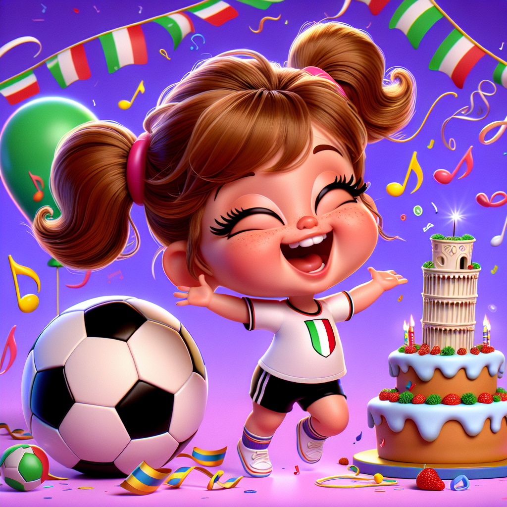 Visualize a vibrant cartoon universe filled with the joy and charm of a birthday celebration. A 2-year-old Hispanic girl with rosy cheeks and playful, pigtailed hair is jubilantly singing, occupying the central part of this charming scene. She is wearing a soccer jersey that sways with her enthusiastic movements. A humorous oversized soccer ball lies nearby, indicating her affection for the game. Italian elements add a unique flavor to the scene, with iconic symbols such as a cake crowned with a miniature Leaning Tower of Pisa and streamers showcasing the colors of the Italian flag. The touch of floating musical notes around the girl embodies her singing, culminating in a perfect birthday scenario.
Generated with these themes: Granddaughter, 2 years old, Singing, Soccer, and Italien.
Made with ❤️ by AI.