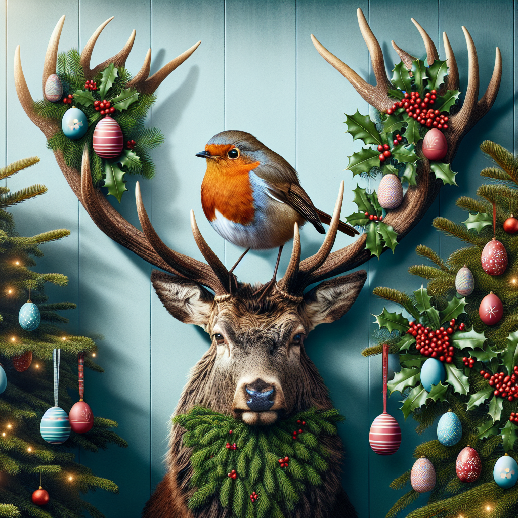 Robin, Stag, Christmas tree, and Holly trees with berries Easter Card