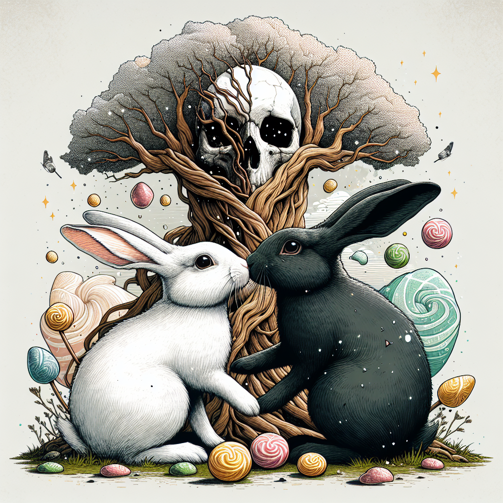 Create an affectionate scene of a white rabbit and a black rabbit sitting side by side, their noses gently brushing against each other. They are in a whimsical environment with a mammoth tree soaring above them, its branches rustling, as if whispering tales from the past. A skull is artfully incorporated within the trunk of the tree, a symbol of enduring love that transcends mortality. Mouthwatering sweets are scattered around the base of the tree as tokens of the pair's shared joys. Splashes of glimmer on the rabbits and within the crevices in the tree instill a festive vibe in the illustration.
Generated with these themes: White rabbit, Black rabbit, Love, Tree, Skull, Sweets, and Bling.
Made with ❤️ by AI.