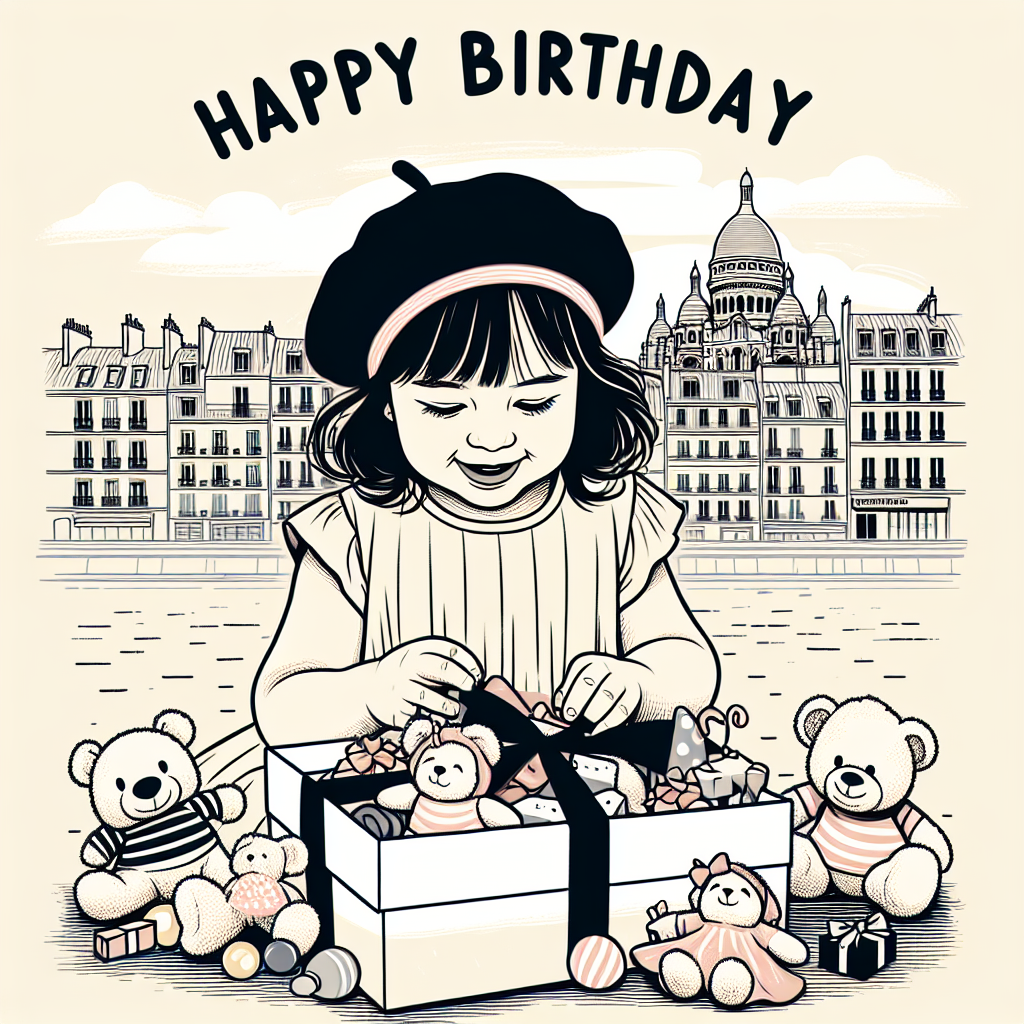 Vector image of an adorable birthday moment where a 1-year-old girl in a beret opens a gift to find a variety of stuffed animals, with Montmartre's Sacré-Cœur Basilica in the background.
Generated with these interests: 1 year old baby, Paris, and Stuffed animals.
Made with ❤️ by AI.