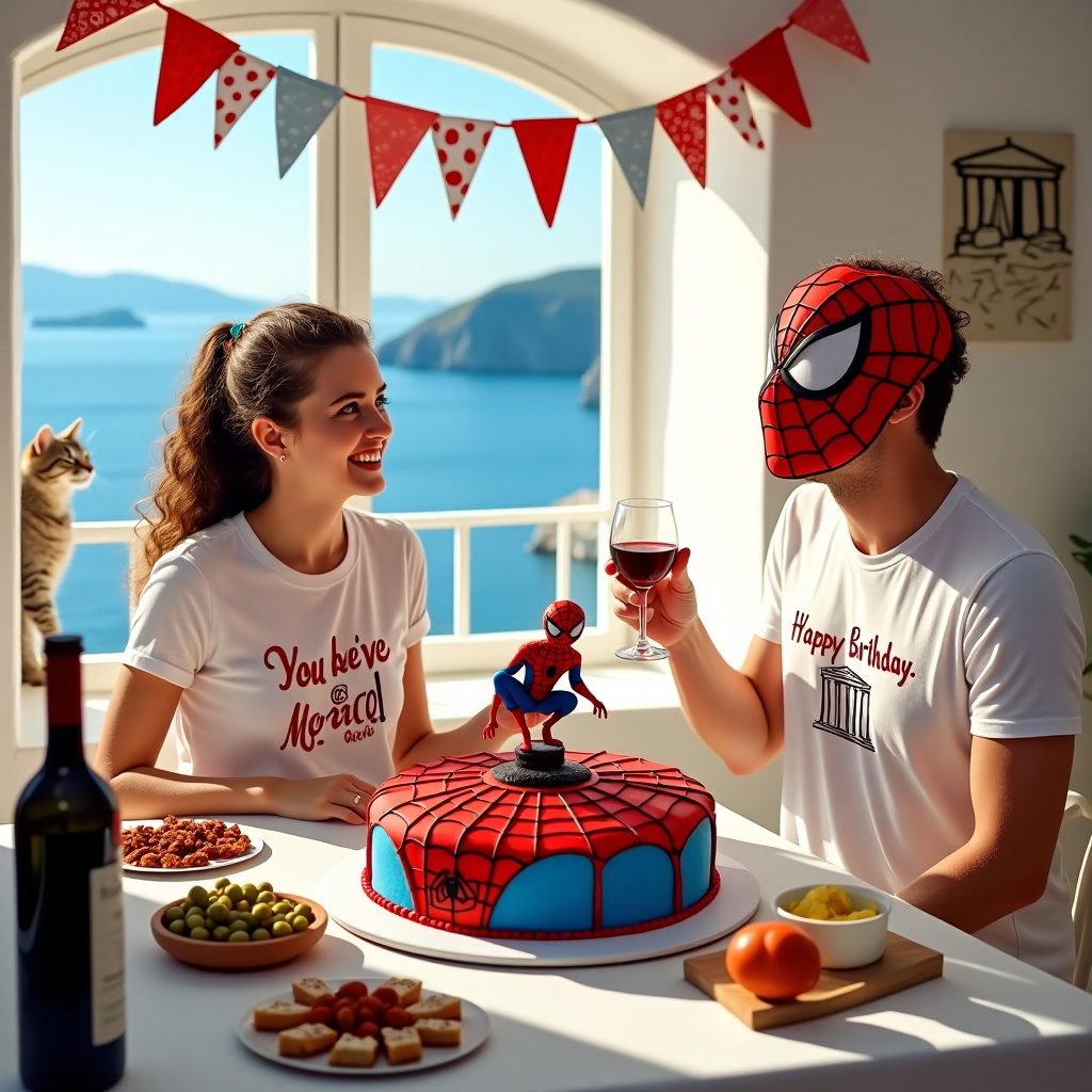 The scene is set in a quaint, sunlit kitchen in Greece, with a whitewashed stone wall and an arched window overlooking a brilliant blue sea. The table is laden with vibrant Mediterranean dishes: gleaming olives in a clay bowl, a decanter of red wine catching the light, and a platter of feta cheese and sun-dried tomatoes. At the center of the table, there's an unexpected twist—a life-sized Spider-Man cake, complete with his iconic red and blue suit made entirely out of glossy fondant. Perched atop the cake is a miniature figurine of Spider-Man, striking a classic web-shooting pose. Sitting across the table is a woman in her mid-thirties, with curly hair tied in a scarf, her eyes sparkling with mischief. She's wearing a t-shirt with the words “My Hero” emblazoned in red script. She’s holding a birthday card with a doodle of Spider-Man swinging between columns of the Parthenon, with a playful speech bubble saying, “You’ve webbed my heart, Happy Birthday!” To her side, her husband, donned in a homemade Spider-Man mask that slightly skews sideways, chuckles while lifting a glass of ouzo. In the corner of the room, a curious tabby cat is trying to paw at a string of festive, red-and-white bunting hung above, giving the scene a lively, celebratory touch. The scene encapsulates a birthday celebration that combines beloved elements of a superhero with the charm of a Grecian setting, all wrapped in familial warmth and humor.
Generated with these themes: Spider man, Red, Greece, and Wife.
Made with ❤️ by AI.