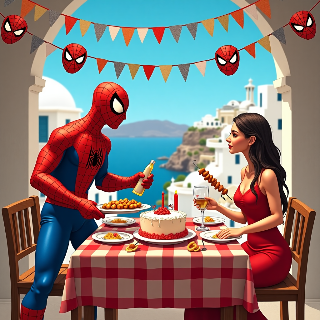 In this whimsical birthday card scene, imagine a bustling Greek taverna set against the backdrop of a sun-kissed Santorini village, with its iconic white and blue architecture peeking through. At the heart of the scene, Spider-Man, clad in his classic red and blue suit, is enthusiastically serving up a platter of juicy, golden-brown souvlaki skewers. His web-shooting hand is holding a bottle of tzatziki sauce, cleverly slinging it onto plates with playful precision. Across from him, his wife, portrayed as a quirky and delightful character, sits at a traditional wooden table covered in a vibrant red checkered tablecloth. She's adorned in a chic, red Grecian dress, twirling her pasta with a fork while balancing a half-empty glass of ouzo. A small, hand-painted birthday cake rests between them on the table, featuring a spider-web design spun with red icing, topped with a miniature Acropolis. Nearby, a band of tiny Greek dancers in traditional costumes form a lively circle, their feet barely touching the ground as they leap to the sounds of a hidden bouzouki player. Hanging overhead are strings of colorful Greek flags interspersed with miniature Spider-Man masks, swaying gently in the Mediterranean breeze. The scene bursts with vibrant colors and playful nods to the intertwined themes, creating a delightful tableau for the birthday celebrant.
Generated with these themes: Spider man, Red, Greece, and Wife.
Made with ❤️ by AI.