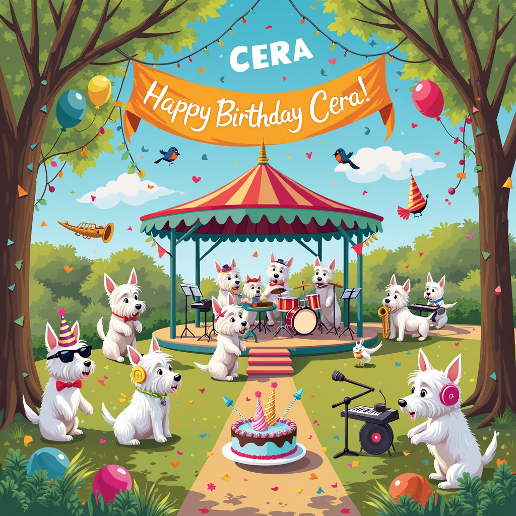 On the front cover of this delightful birthday greeting card, we find ourselves in a vibrant, whimsical park on a sun-drenched afternoon. The scene centers around a bustling bandstand with a big, colorful banner draped across the top that reads "Happy Birthday Cera!" in bold, cheerful letters. A lively group of Westie dogs, each adorned with tiny musical accessories like bow ties, tiny sunglasses, and mini top hats, are positioned as the main orchestra. They hold miniature instruments – a drum, trumpet, saxophone, and even a tiny piano.

In the foreground, a Westie dog maestro stands on a tiny podium, waving a tiny baton with one paw and conducting the canine orchestra. One particularly enthusiastic Westie, standing on hind legs, is belting out a tune into a microphone stand.

Scattered around the bandstand are various musical notes floating whimsically in the air, and a nearby tree is festooned with more decorations, including balloons and streamers. There is a grand, decorated cake with "Cera" inscribed in icing, sitting on a picnic table laden with colorful plates and party hats. Another Westie is attempting to balance a record on its nose while wearing oversized headphones.

In the background, the sky is a clear blue with fluffy white clouds, one of which has been cleverly shaped to spell out "Cera" as if it were written by a skywriting plane. Further adding to the festive atmosphere, birds on the branches appear to be singing along with the band.

Every detail of this joyful, canine-musical celebration ties back to Cera’s special day, making it a uniquely entertaining and heartwarming birthday scene.
Generated with these themes: Westie dogs, and Music.
Made with ❤️ by AI.