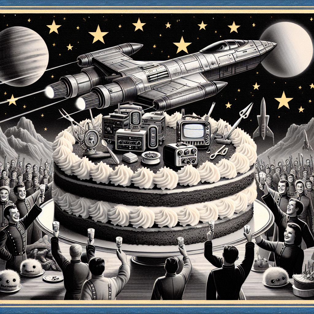 Visualize a festive celebration scene under a star-studded night sky. A sleek spaceship, not unlike those seen in classic sci-fi stories, elegantly tops an old-fashioned, multi-layered cake adorned with miniature edible gadget resembling futuristic tools. The background is filled with smiling figures garbed in uniforms typical of exploration and discovery crews from those sci-fi narratives, raising their cups for a cheer. Adding dash of charm to the image, curious fluffy creatures peak out along the image borders.
Generated with these themes: Star Trek, and History.
Made with ❤️ by AI.