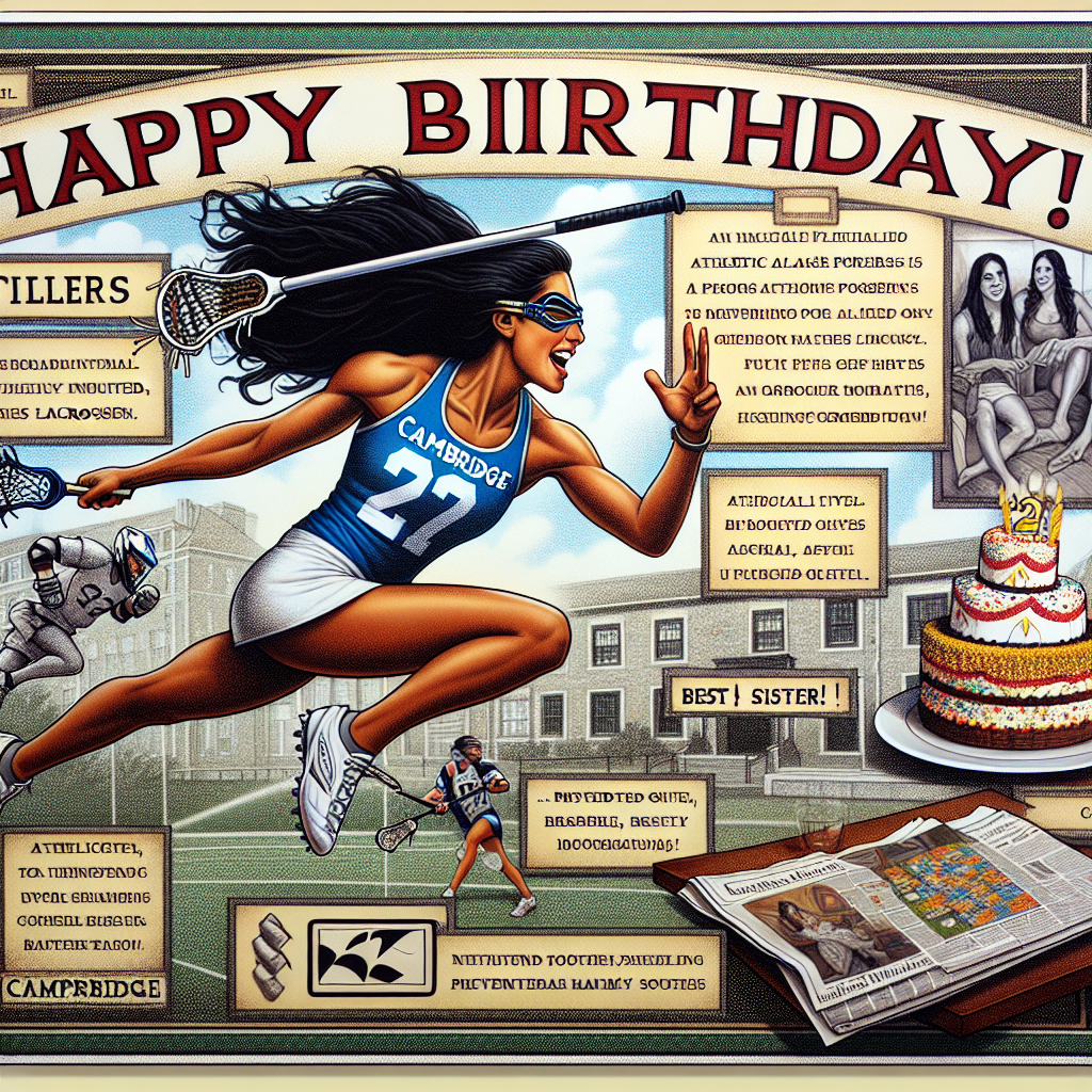 Happy Birthday Jasmine!, Lacrosse, Cambridge, Sporty, athletic, super cool, Strong woman, 22nd birthday, Best sister, Dark hair, Cake, and Newspaper puzzles at brunch Birthday Card