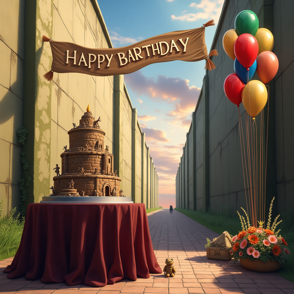The scene is a fantastical blend of birthday celebration and the epic world of "Attack on Titan," captured in a surreal and photorealistic manner. The setting is a bustling party in the shadow of the iconic Walls from the series, rising majestically in the background. The walls are depicted with intricate cracks and a mossy texture, showing signs of age and strength.

At the center, a large round table covered with a deep burgundy cloth is laden with a cake that is both a masterpiece of confectionery and architecture. The cake is sculpted to resemble the towering Colossal Titan, complete with detailed muscle fibers made from fondant and a pair of tiny edible humans scaling its sides. The cake stands on a silver pedestal, reflecting the sunlight with a polished sheen.

Suspended above the table, a long, elegant banner unfurls, reading "Happy Birthday Adam" in bold, metallic letters. The text is styled in the Attack on Titan font, with the letters appearing to be chiseled from stone. The banner is strung between two tall poles resembling ODM gear, the cables taut and glistening as if ready to launch.

To the right of the table, a series of helium balloons, designed to look like the heads of various Titans, float lazily in the air. Each balloon is a different color—fiery red, deep blue, forest green, and golden yellow—shimmering in the daylight and casting soft shadows on the cobblestone street below.

Scattered around the scene are small elements nodding to the series: a toy replica of the Survey Corps' emblem lying on the ground, a miniature Armin doll peeking out from behind the cake, and a bouquet of vibrant, sunlit flowers arranged in a vertical structure, echoing the vibrant fields seen beyond the walls in the series.

The sky above is painted with sweeping strokes of warm oranges and purples, suggesting a sunset that bathes the entire scene in a gentle, surreal glow. In the far distance, tiny specks suggest the figures of the Survey Corps, seen against the towering walls, giving a sense of depth and connection to the world of "Attack on Titan."

Each element is rendered with lifelike detail, from the fine stitching on a piece of ODM gear to the reflective surfaces of the Titan balloons, creating a richly detailed and immersive scene.
Generated with these themes: Attack on Titan.
Made with ❤️ by AI.