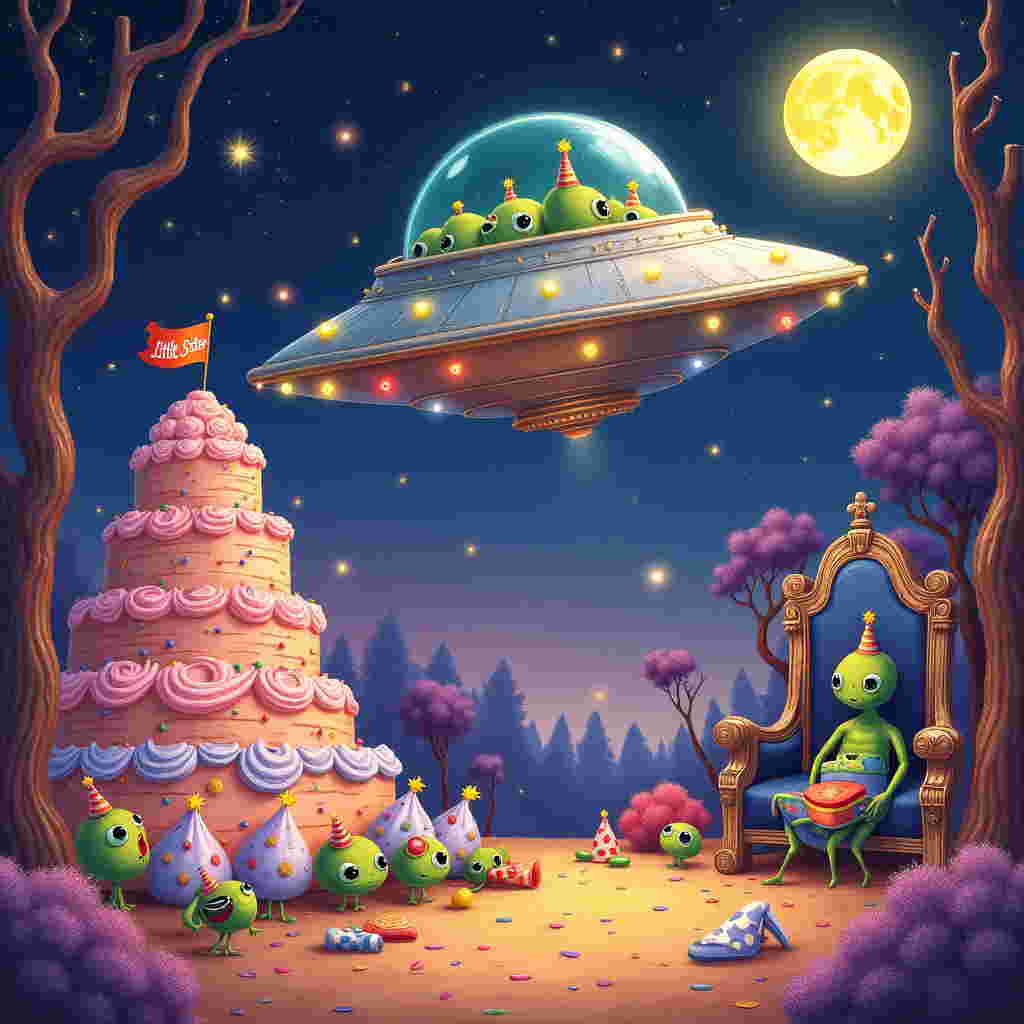 Front and center, an alien spacecraft hovers mid-air, a gleaming silver saucer with blinking, colorful lights—think ruby reds, sapphire blues, and emerald greens—surrounding its rim. The spacecraft's hatch is open, and a parade of tiny, green funny little men tumble out, each with oversized eyes and antennas twinkling like stars against a violet sky.

On the left side of the card, a towering birthday cake rises up, adorned with layers of whipped cream swirls in pastel shades of pink and lavender. The cake is topped with a miniature spaceship, similar to the main one, perched atop a frosting mountain. Suspended from the ship is a little banner that reads, "Little Sister" in whimsical, curly letters, painted a cheerful sunflower yellow.

In the foreground, scattered among colorful confetti, are party hats that resemble the tiny aliens’ heads, complete with antennas. Nearby, a green alien with a polka-dotted party blower peers through an enormous telescope, gazing at the scene with an air of scientific curiosity.

In the background, the landscape is a strange, otherworldly garden—a combination of Beardsley’s intricate designs and Rackham's fantastical touch—with twisting, thorny plants whose blossoms resemble purple and pink cupcakes. Strange, bulbous trees with cotton candy-like tops sway in the alien breeze, their bark a kaleidoscope of swirling maroons and burgundies.

On the far right, a whimsical birthday throne sits under a glowing, glittery "moon," which is actually a shiny disco ball casting scattered reflections on the scene below, enhancing the festive atmosphere. The chair is upholstered in sparkling fabric, resembling a starry night, with armrests shaped like shooting stars.

This scene merges the storytelling of Sendak and Rackham, the whimsy of Blake, and the narrative detail of Rockwell, creating a playful, fantastical birthday landscape that beckons your "Little Sister" to join the intergalactic celebration.
Generated with these themes: Alien 👽 , and Green funny little men.
Made with ❤️ by AI.