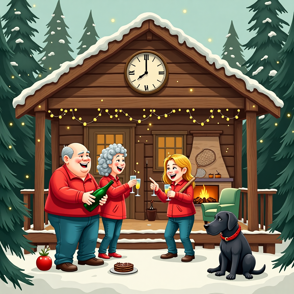 In this whimsical and humorous thank-you greeting card scene, we find ourselves on the porch of a rustic wooden holiday lodge, nestled among tall, whispering pine trees. The lodge, with its rich mahogany hues and twinkling fairy lights strung across the eaves, exudes a cozy, inviting aura. In the foreground, a cheerful, 60-year-old bald man with a round, jolly face and a prominent belly is seen holding a comically large champagne bottle. He's mid-pop, with the cork flying through the air and bubbles joyfully spraying out. Beside him stands a plump, 60-year-old woman with a generous helping of curly grey hair, holding two champagne glasses in one hand while pointing at the cork with the other, laughing heartily.

Next to them, a sprightly 30-year-old woman with long, flowing blonde hair, dressed in vibrant holiday attire, is attempting to catch the cork mid-air with a butterfly net, a playful grin on her face. Her companion, a 30-year-old man with short dark blonde hair, is crouched beside a large, dark grey Labrador who is curiously watching the commotion with bright, eager eyes. The man is holding a leash and appears to be whispering to the dog, perhaps egging it on to join in the champagne cork chase. The Labrador has a mischievous twinkle in its eye, ready to spring into action.

In the background, you can see the inside of the lodge through a large window. A cozy fireplace crackles, with a comfy armchair and a small, round table set with a spread of delectable snacks and a half-eaten chocolate cake. Above the fireplace hangs a whimsical, oversized clock that has stopped at "5 o'clock," subtly hinting that it's always time for a celebration here. The entire scene is imbued with the spirit of gratitude and merriment, a charming tableau of generations coming together to enjoy a jubilant, heartfelt moment of thanks.
Generated with these themes: 60 years old man bald and fat, 60 years old woman grey hair and fat, 30 years old woman, long blond hair , 30 years old man, dark blond shorthair, Dark Grey labrador, Wooden Holiday Lodge, and CHampagne.
Made with ❤️ by AI.