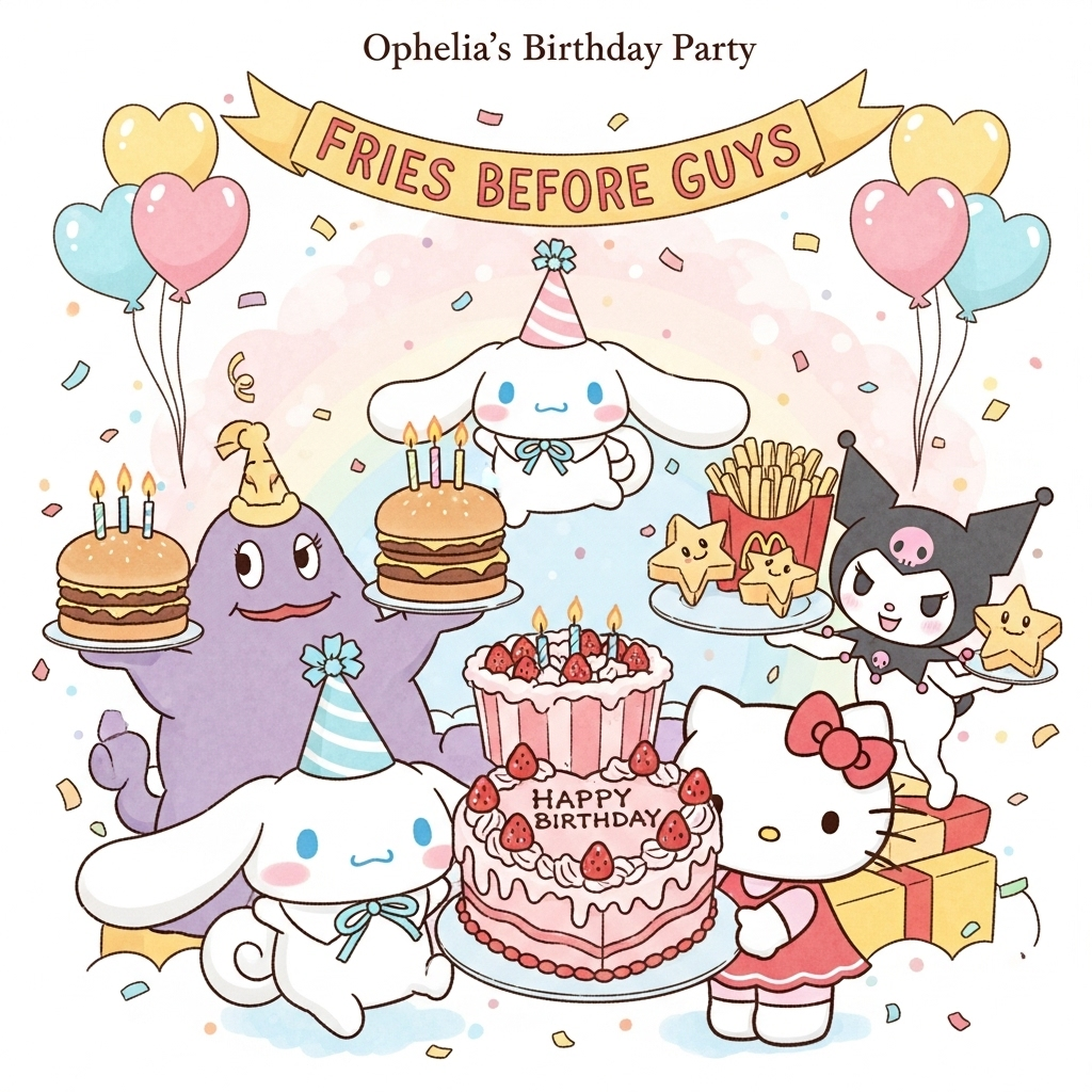 At the top of the Illustration Style image, write "Ophelia’s Birthday Party".

**Image Description:**

In a delightful, hand-drawn illustration style, the image bursts with warmth and charm. In the center, a vibrant birthday scene unfolds within a whimsical McDonald's-themed world. Cinnamoroll, with his floppy ears and adorable blue eyes, floats joyfully on a cloud-shaped balloon, holding a rainbow-striped party hat. Beside him, Grimace, with his iconic purple hue, holds a tower of burgers, each adorned with colorful candles.

To the right, Kuromi, with her mischievous grin and skull-adorned bow, offers a platter of fries shaped like stars. Hello Kitty, radiating sweetness in her classic red bow, presents a giant, heart-shaped birthday cake with strawberry frosting.

Above them, a banner with a playful font reads "Fries Before Guys," adding a cheeky twist to the celebration. The backdrop features pastel confetti and floating heart balloons, creating a dreamy, festive atmosphere.

The color palette is a harmonious blend of soft pinks, blues, and yellows, exuding a sense of joy and celebration. This enchanting scene captures the essence of a birthday party filled with beloved characters and delightful surprises.
Generated with these themes: Cinnamoroll, grimace, McDonald’s , Kuromi, Sanrio,hello kitty, and .
Made with ❤️ by AI.
