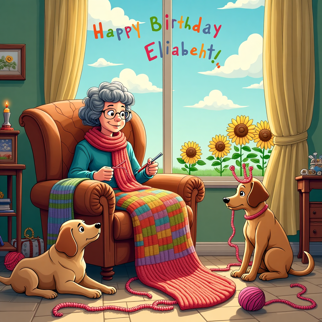 In the center of the card, there's a whimsical living room scene reminiscent of a Charles Schulz comic strip. The room is cozy, with a patchwork quilt draped over the back of a plump, vintage armchair where a grey short-haired lady sits. Her knitting needles click merrily as she works on a vibrant, oversized scarf that's humorously sprawled all over the floor, in bright, cheerful colors like reds, blues, and yellows. The scarf spells out "Happy Birthday, Elizabeth!" in large, bold letters that loop playfully around the room, giving the scarf a life of its own.

Flanking her are her two labrador dogs, one golden and the other chocolate, each sitting obediently but with a comical twist. The golden lab, with a mischievous sparkle in its eye, has one end of the knitting yarn playfully tangled around its ears like a crown. Meanwhile, the chocolate lab is sprawled out lazily, its tail accidentally wrapped in a ball of yarn, creating a small, colorful trail of unraveling wool that adds to the sense of lively chaos.

Behind the lady, a large window frames the scene, showing a cartoonishly bright garden with sunflowers nodding in the gentle breeze. In the sky, fluffy clouds have taken the form of balloons spelling out "Elizabeth," as if the heavens themselves are celebrating her special day. On the nearby coffee table, a small cake sits with a single candle, shaped humorously like a knitting needle, ready for the birthday wish. The whole scene is brimming with color, charm, and a delightful sense of whimsy, blending influences from Disney's storytelling magic and Watterson's playful wit.
Generated with these themes: Grey short hair lady sat knitting with her two labrador dogs, and .
Made with ❤️ by AI.