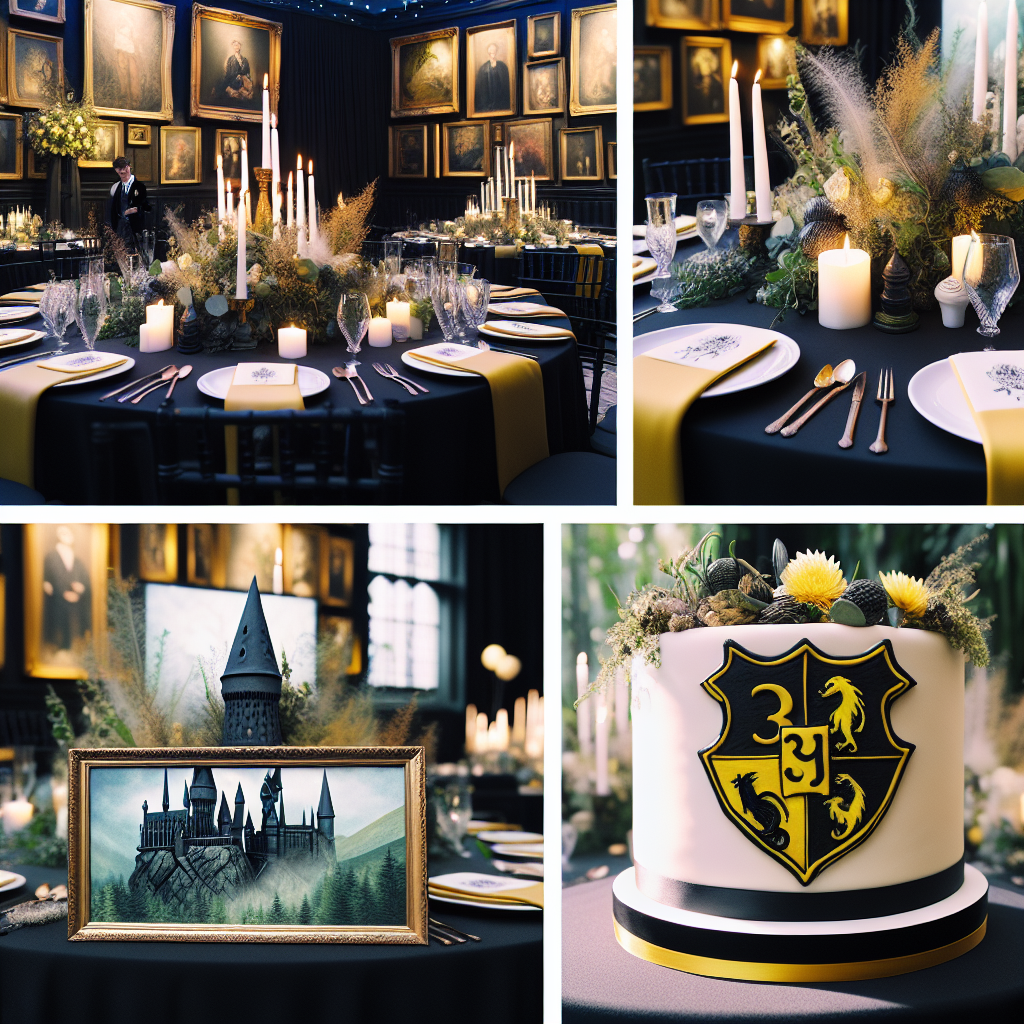 Guests are entering a magical 30th birthday celebration deeply rooted in the tradition of a fictional wizarding school's house famous for its dedicated and kind character. The decor blends a classic elegance with nods to the lore of this imaginary universe. Tables are adorned with black and yellow linens, along with a centerpiece combining floating candles and wildflowers, as a subtle tribute to the house’s character. Alongside these are gently magical touches, like animated paintings that occasionally come alive, which complement the theme without disturbing the tranquil atmosphere. The center of attraction stands a tasteful cake, simple yet alluring, bearing the crest of this particular house.
Generated with these themes: Hogwarts, Hufflepuff, and 30th.
Made with ❤️ by AI.