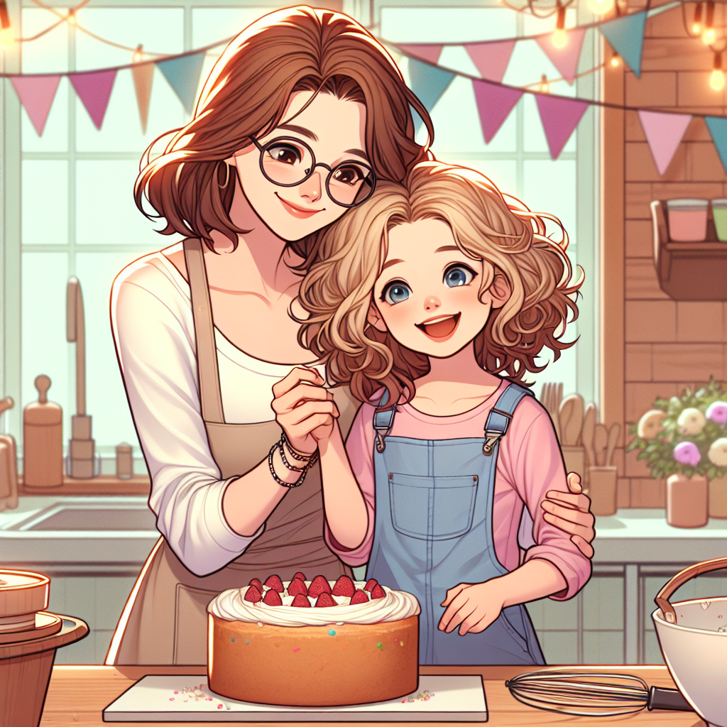 Create a heartwarming illustration of a Caucasian mother with brown shoulder-length hair and glasses, and her Caucasian daughter with curly blonde shoulder-length hair, engaged in a baking session. The setting of the scene is a kitchen, adorned with cheerful birthday decorations. They are standing close to each other, sharing a cuddle, with expressions of joy and laughter on their faces. The inviting warmth of this moment is palpable as they delight in the preparation of a birthday cake, representing the essence of love and unity on this eventful day.
Generated with these themes: Mother and daughter baking. Mother is white with brown shoulder length hair and glasses, daughter is white with curly blonde shoulder length hair. They are laughing and cuddling.
Made with ❤️ by AI.