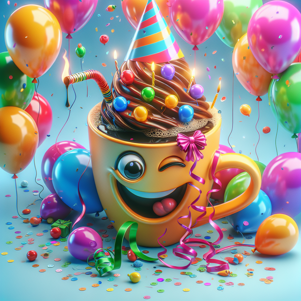 Create a vibrant birthday celebration image. The scene is decorated with multicolored balloons and confetti filling the frame. The centerpiece of the illustration is a humorously exaggerated coffee cup with a large, animated smiley face that teases the viewer with a cheeky wink. A festive party hat playfully graces the cup's handle while streamers wrap around its body in a merry dance. The coffee within is portrayed to be in a joyful mood, with small bubbles of laughter seen dancing to the surface, amplifying the light-hearted spirit of the birthday theme.
Generated with these themes: Coffee smiley face .
Made with ❤️ by AI.