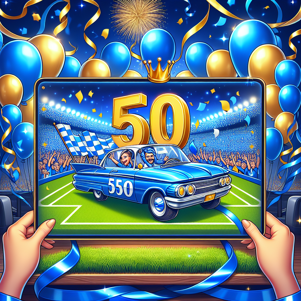 Create an endearing and humorous illustration representing a 50th birthday celebration, framed by a lively and radiant festival ambience. At the center is a playful caricature of a generic car, awash in a captivating shade of blue, proudly showcasing the number 555 on its side. Blue and gold balloons and streamers set the exhilarating atmosphere, encompassing the entire scene. In the backdrop, a computer screen is visibly displaying live updates of an ongoing football match, symbolizing the unique blend of automotive enthusiasm with sports passion.
Generated with these themes: 50th birthday Subaru blue car 555 Chelsea Football computer.
Made with ❤️ by AI.
