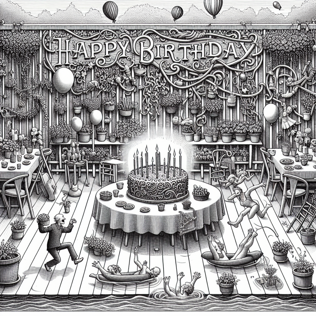 Visualize a lively garden party, where a birthday is being celebrated. Direct your attention to a table in the center, overladen with gardening tools and small plant pots, shielded by a cover made of interwoven flowers to represent the love for gardening. Somewhat apart from the main event, observe guests gleefully plunging one by one into a tranquil swimming pool, their faces lit up in smiles and chortles expressing the delight of a good swim. Use an Artois-style font to skillfully sketch the words 'Happy Birthday,' allowing the detailed structure of the lettering to highlight the playfulness of the hovering balloons and trailing ribbons.
Generated with these themes: Gardening, Swimming, and Details Artois.
Made with ❤️ by AI.