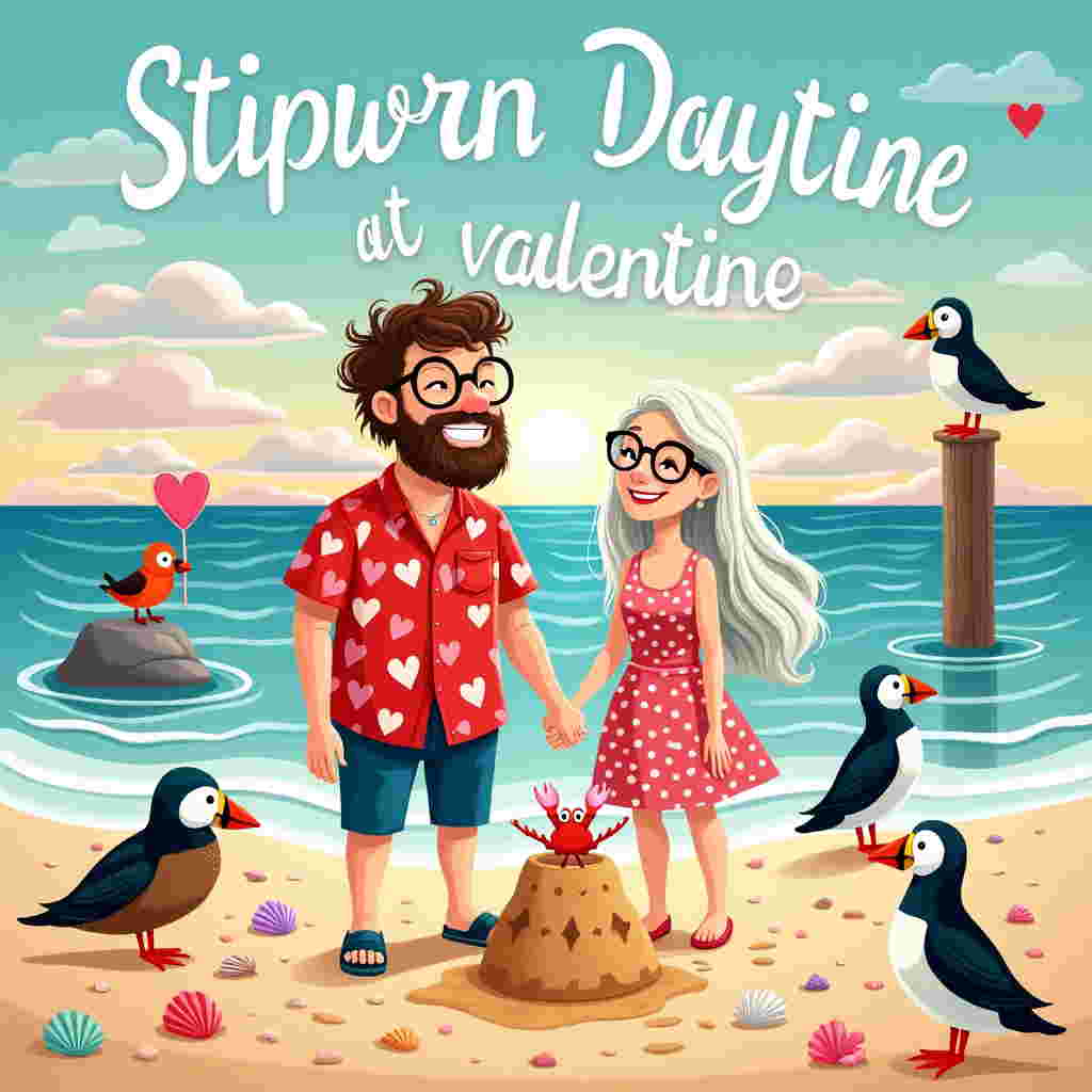 In this whimsical Valentine's Day card illustration, picture a vibrant seaside scene where love is as wild and free as the ocean breeze. Center stage is a sandy beach, dotted with seashells and starfish. A man with unruly brown hair, a rugged beard, and large round glasses stands to the left, grinning widely. He's wearing a bright red Hawaiian shirt, adorned with heart patterns that seem to flutter in the wind. Next to him, a woman with long, flowing white hair and sleek glasses matches his joyous expression. She is dressed in a playful polka-dot dress, the dots mirroring the speckles on the puffin's wings beside her. Her hair cascades like a silvery waterfall, gently swaying with the wind. Both hold hands as if they are about to embark on a grand adventure.

In the foreground, a plump and cheerful robin sits atop a sandcastle shaped like a heart, its tiny beak open in a melodic tweet. Not far off, a quirky crab scuttles sideways, brandishing a tiny flag that reads "Stevie" in colorful, flowing script. A little further back, a majestic gannet perches on a rock, its sleek wings poised as if ready to take flight, while a mallard, with its iridescent green head, waddles around comically, casting curious glances at the human duo. Perched serenely on a wooden post is a puffin, its beak vibrant and cartoonishly large, watching the scene with a knowing gaze.

Above this delightful spectacle, the sky is a vast expanse of blue, punctuated by fluffy clouds that spell out "Stevie" in a gentle, whimsical font. A heart-shaped cloud drifts nearby, as if sending a skyward valentine. The ocean waves gently lap at the shore, reflecting a kaleidoscope of colors as the sun sets in the background, painting the scene with hues of orange, pink, and lavender. This charming tableau captures the essence of love, nature, and the playful spirit of Valentine’s Day.
Generated with these themes: Man, brown hair, beard, glasses, Woman, white long hair, glasses, Fat robin, Crab, Ganet, Mallard, and Puffin.
Made with ❤️ by AI.
