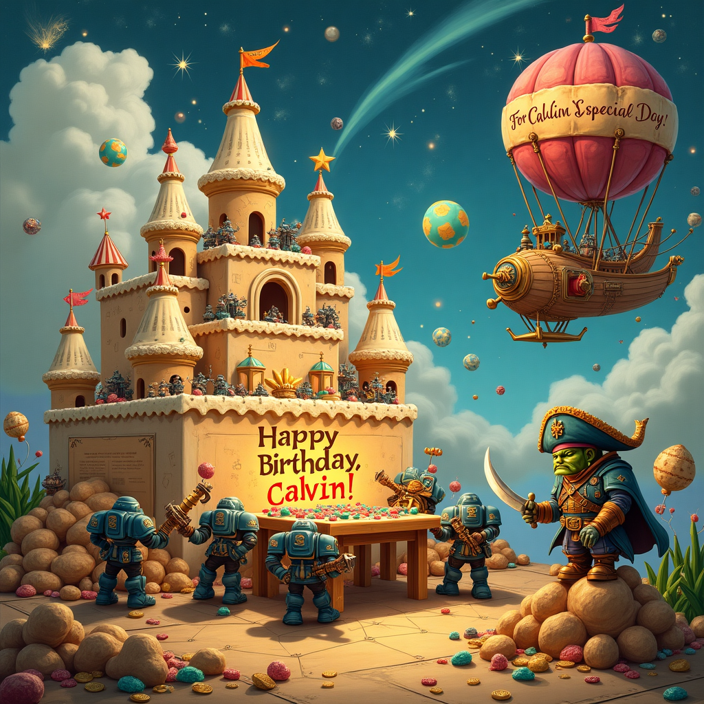 In the heart of a whimsical and bustling birthday landscape, a scene unfurls with all the grandeur of a Warhammer 40K battlefield crossed with the excitement of a pirate treasure hunt. Picture a richly detailed, hand-drawn terrain on a parchment-like background, reminiscent of a treasure map. At the center, a group of tiny, jubilant Space Marines, no taller than your thumb, are celebrating around a table laden with a colossal, elaborately decorated cake. The cake is sculpted to resemble a fortress, with battlements made of sugary delights and turrets topped with sparklers. On the cake's surface, the icing spells out "Happy Birthday, Calvin!" in shimmering gold lettering, standing as the celebratory centerpiece.

To the right, a mischievous Ork pirate with a gleaming golden hook and a flamboyant tricorne hat stands atop a mound of candy coins and gems, eyeing the cake like it's the ultimate treasure. His ship, a steampunk airship, hovers nearby with a vibrant balloon patched together with colorful fabric scraps, tethered by candy cane ropes. The airship's sail has a quaint, hand-stitched patch that reads "For Calvin's Special Day" fluttering in the gentle breeze.

In the background, a whimsical tapestry of the universe unfolds, painted with delicate strokes. There are comets that streak across the sky, trailing brilliant ribbons of color, and distant planets decorated like party balloons. Below, on the ground, a giant, open treasure chest brimming with fantastical items from the Warhammer universe—miniature armored vehicles, enchanted dice, and scrolls that spill over the sides, merging the worlds of strategy and adventure.

Calvin's name appears again, artfully woven into the intricate labyrinth of clouds that float across the upper section of the card, in a fantastical Gothic script that twinkles like stars. This birthday scene is a celebration of Calvin's adventurous spirit and a nod to his love for epic tales, intricately crafted with both humor and detail.
Generated with these themes: Warhammer 40K, and Treasure map.
Made with ❤️ by AI.
