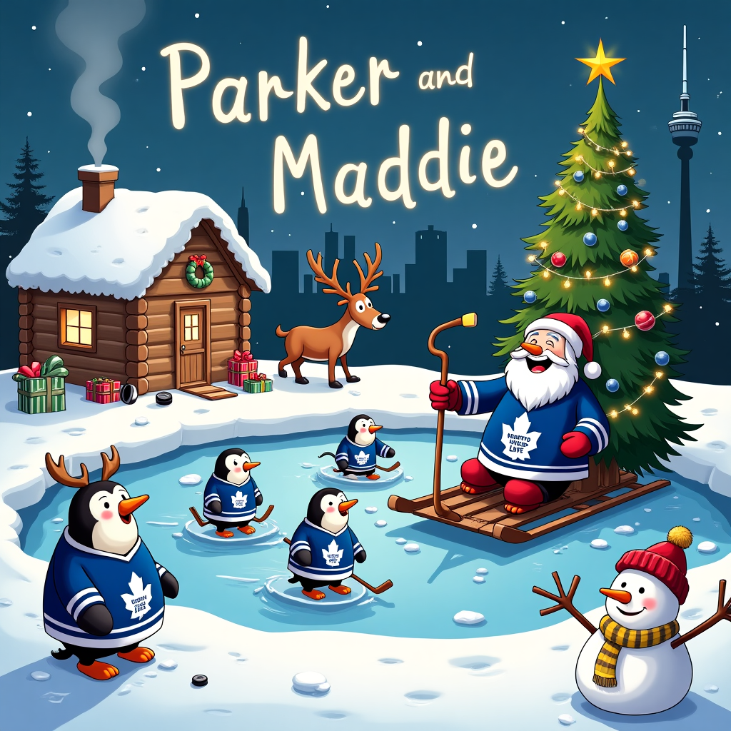 In this whimsical cartoon Christmas card scene, we open to a snowy Toronto landscape, with the iconic CN Tower adorned with twinkling Christmas lights in the background. At the center, a group of cartoon penguins dressed as Toronto Maple Leafs players glide across a frozen pond, engaging in a playful hockey match. Each penguin sports a miniature Maple Leafs jersey, with the logo humorously oversized on their tiny chests. Nearby, a cozy log cabin dusted with snow sits, smoke curling lazily from its chimney, creating a sense of warmth. In front of the cabin, an oversized, jolly Santa Claus, also dressed in a customized Maple Leafs jersey, is laughing heartily while decorating a tall Christmas tree with pucks and hockey sticks. The star atop the tree is a glowing puck. To the side, a pair of cheerful reindeer, complete with antlers tangled in Christmas lights, pull a sled piled high with gifts, some wrapped in Maple Leafs colors. In the sky above, the names "Parker and Maddie" are artistically formed by a whimsical trail of stars, each twinkling in hues of silver and blue, adding a personalized touch to this joyful scene. In the foreground, a snowman with a scarf and Maple Leafs toque gives a thumbs-up with a twig arm, completing the festive tableau.
Generated with these themes: Toronto Maple Leafs.
Made with ❤️ by AI.
