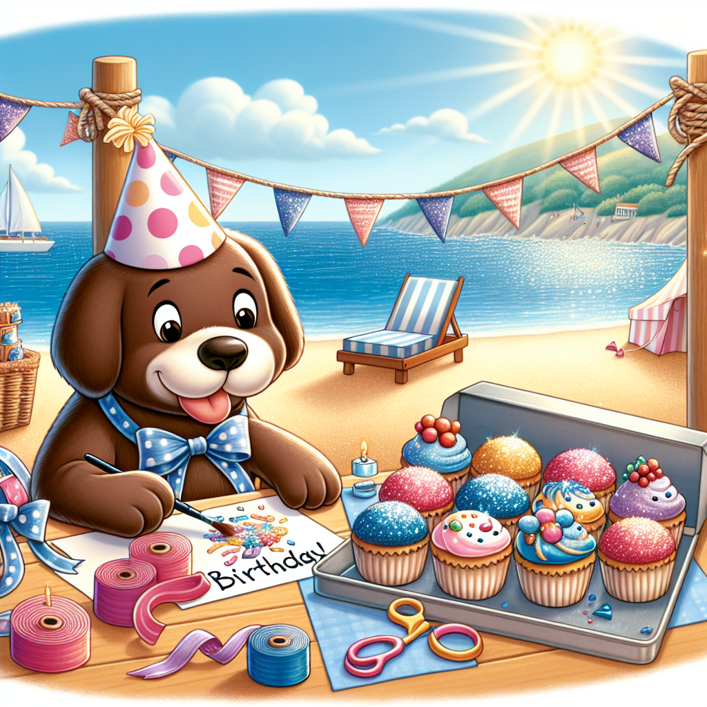 Illustrate a sunlit seaside setting featuring a charming cartoon scene. Central to this image is a cheerful chocolate Labrador, wearing a polka-dotted birthday hat, seated at a table filled with ribbons and glitters engaged in creating a handmade birthday card. Close by, a tray is kept to cool, filled with freshly baked cupcakes topped with sea-themed frosting decorations. Adding to the ambience of the scene is a string of nautical flags fluttering gently under the ocean breeze.
Generated with these themes: Labrador, crafts, baking, seaside.
Made with ❤️ by AI.