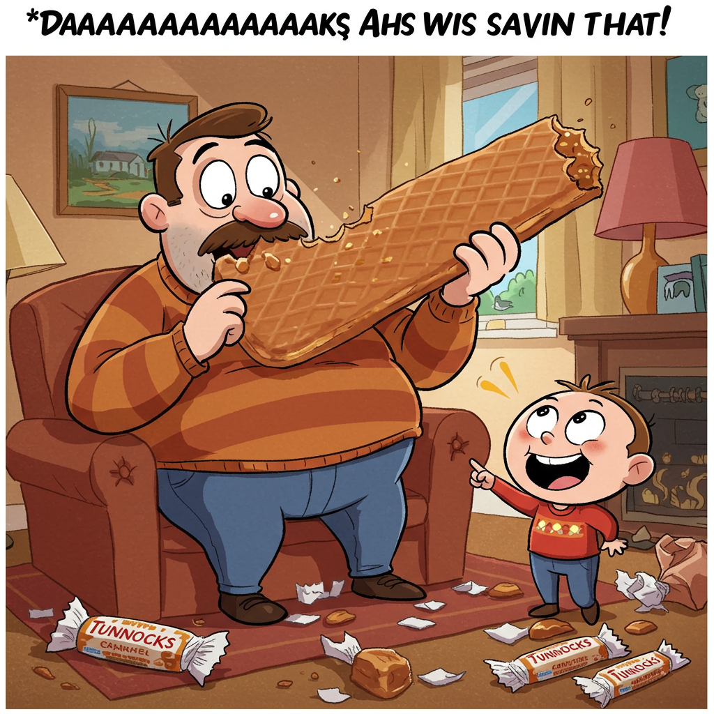 At the top of the Cartoon Style image, include the text: **Daaaaaaaaaad Ah wis savin that!**

Image Prompt: A whimsical cartoon scene featuring a father and child in a living room. The father, a playful character with an exaggerated dad-bod, is caught red-handed, mid-bite into a giant Tunnocks caramel wafer. His wide eyes show a mix of delight and surprise. The child, a cheeky character with a mischievous grin, stands on tiptoes trying to reach for the wafer, pointing accusingly at the dad. In the background, bright and vibrant colors fill the room with Tunnocks caramel wafer wrappers scattered humorously across the floor. The atmosphere is lively and playful, with thick outlines and bold, saturated colors enhancing the comedic effect.
Generated with these themes: Tunnocks caramel wafer, and .
Made with ❤️ by AI.