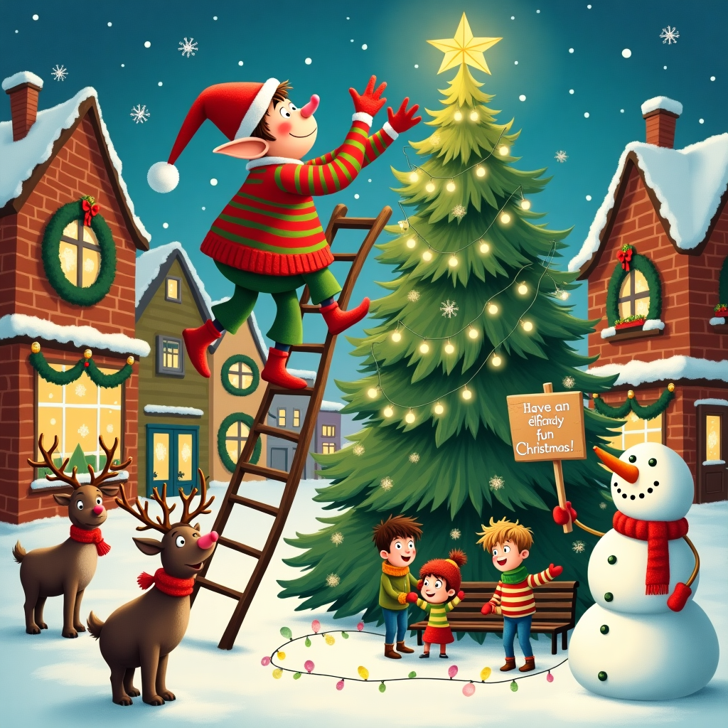 In this quirky Christmas card scene, imagine a bustling snow-covered village square at dusk, where a cheeky elf named Jingle, dressed in an oversized red-and-green striped sweater and a floppy Santa hat, is attempting to decorate the town's gigantic Christmas tree. Jingle is perched precariously atop a wobbling, hand-painted ladder, trying to place the star on the treetop. Below him, a group of astonished children, bundled up in colorful scarves and mittens, are holding their breath, ready to catch the star should it fall. In the foreground, a pair of reindeer, Rudolph and Blitzen, are photobombing the scene, sticking their heads into the frame with their antlers tangled in a mess of twinkling lights, accidentally switched on, casting a warm glow on their bemused expressions. In the background, quaint brick shops adorned with wreaths and twinkling fairy lights line the square, their windows frosted with intricate snowflakes. A jolly snowman with a crooked carrot nose and mismatched button eyes stands proudly next to a bench, holding a hand-painted sign that reads, “Have an elfishly fun Christmas!” Snowflakes gently drift from the sky, and somewhere a distant church bell tolls, capturing the essence of a whimsical, heartwarming holiday moment.
Generated with these themes: Christmas.
Made with ❤️ by AI.
