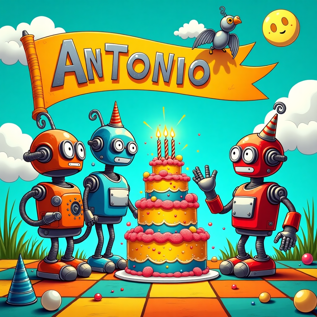 The front cover of the greeting card features a vibrant and chaotic birthday party scene with funny robots in a cartoon style, drawing inspiration from iconic artists like Charles Schulz and Osamu Tezuka. 

In the foreground, a group of three whimsical robots is gathered around a multi-tiered birthday cake. Each robot is uniquely designed with exaggerated features: one has accordion arms, another has oversized binocular eyes, and the third has a comically large antenna on its head. The robots are crafted from shiny metal with colorful accents: red, blue, and yellow hues dominate their bodies.

The birthday cake is a towering, lopsided confection with five layers, each one a different color of the rainbow. It's decorated with oversized candy-like gears and springs that look as if they might pop out at any moment. On the top layer of the cake, lit candles are shaped like little rocket ships, ready to take off.

Above the cake, a vibrant banner stretches across the top of the scene, with the word "Antonio" written in bold, bubbly letters. The letters are constructed from metallic parts, reminiscent of nuts and bolts, in shiny silver with a touch of rust for a vintage robot feel.

In the background, the sky is a bright azure blue with fluffy white clouds shaped like cartoon speech bubbles. A comically large moon hovers in the sky, with a friendly, winking face and antennae similar to the robots below. 

Scattered around the scene are various robotic animals—an electric blue robo-dog with a wagging, springy tail and a metallic parrot perched on a nearby table, its wings in mid-flap, revealing circuitry and gears.

The ground is a checkerboard pattern of grass-green and sun-yellow tiles, adding to the playful, dynamic energy of the scene. There are quirky party hats strewn about, each one a different geometric shape and pattern, enhancing the festive atmosphere.

This colorful, lively illustration creates a birthday world where robots celebrate with mechanical joy, making it the perfect front cover for a humorous birthday card.
Generated with these themes: Funny Robots.
Made with ❤️ by AI.