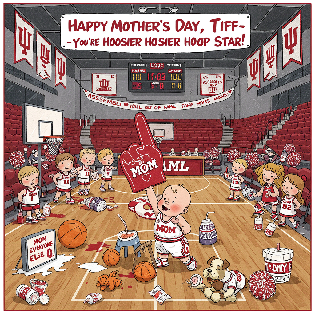 **Prompt:**  
At the top of the cartoon image, **"Happy Mother’s Day, Tiff — you’re a real Hoosier Hoop Star!"**

A humorous cartoon scene on an indoor basketball court decked out in crimson and cream, complete with IU banners fluttering from the rafters. Center stage is a baby wearing oversized IU basketball shorts and holding a giant foam finger that says “#1 MOM.” The baby is attempting to dunk a sippy cup into a toy basketball hoop, while cheerleading toddlers on the sideline wave tiny IU flags. A scoreboard in the background reads “Mom 100 – Everyone Else 0.” There are spilled juice boxes, teddy bears wearing IU jerseys, and a referee dog blowing a whistle on the chaos. A banner behind the court reads “Assembly Hall of Fame Moms.” The mood is delightfully chaotic, cheeky, and perfect for basketball-loving mom Tiff.
Generated with these themes: IU basketball .
Made with ❤️ by AI.