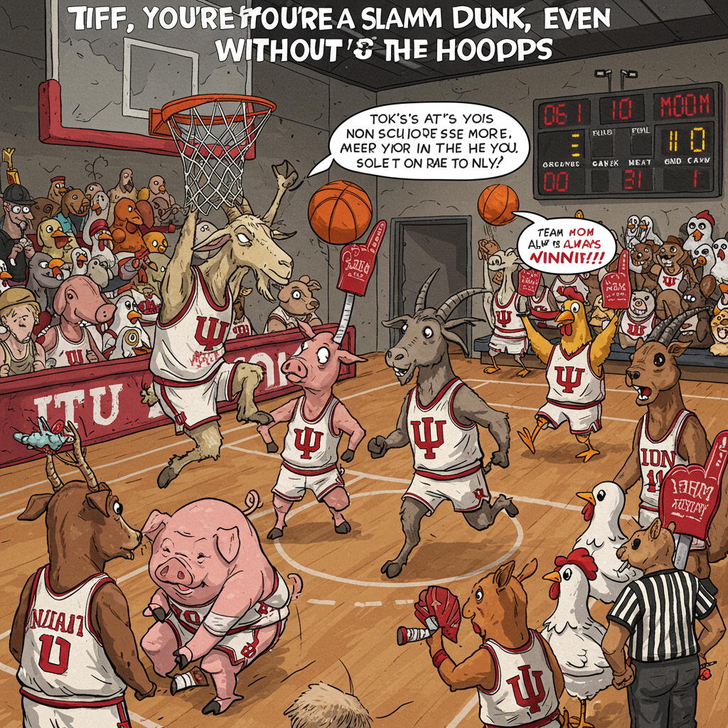 **At the top of the cartoon image:** *Tiff, You're a Slam Dunk, Even Without the Hoops!*

**Prompt:**  
Create a colorful and humorous cartoon-style image showing a chaotic game of basketball featuring a team of clumsy farm animals dressed in Indiana University (IU) basketball jerseys. A determined-looking goat attempts to slam dunk with the ball but is tangled in the net, while a pig in sweatbands trips over its own tail. A referee squirrel in oversized glasses blows a whistle frantically, and a crowd of excited chickens waves IU foam fingers from the sidelines. In the corner, a scoreboard flashes "Team MOM: Always Winning!" The entire scene should burst with exaggerated motion, wacky facial expressions, and red-and-cream IU colors, capturing a fun and ridiculous sporting moment with no humans in sight.
Generated with these themes: IU basketball .
Made with ❤️ by AI.