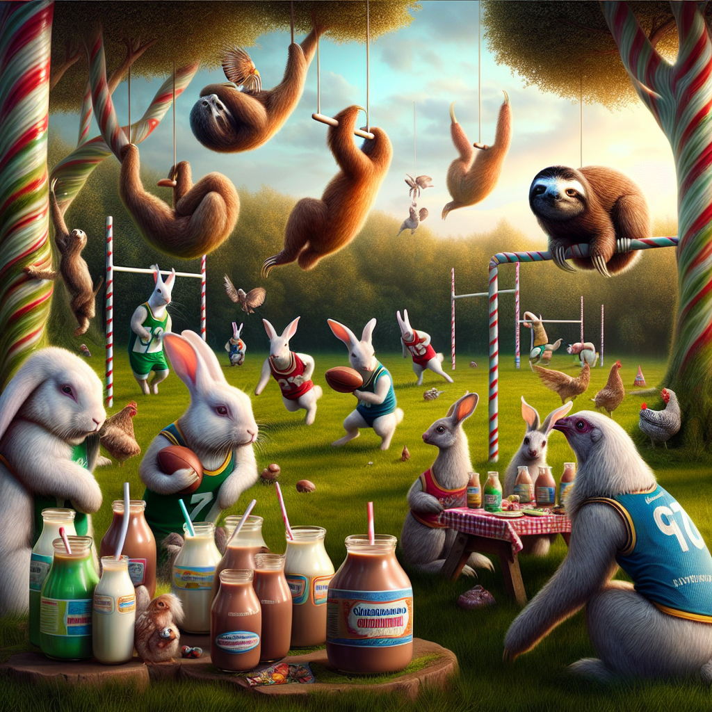 Depict a dreamlike meadow hosting a fantastical birthday scene. Realistic rabbits are engaged in a game of football, their fur shining under the ethereal light. In this whimsical setting, spectator sloths are hanging from trees striped like candy canes, watching the match with lazy interest. On the sidelines, chickens squawk in excitement, their feathery bodies covered in colorful jerseys. A table stands nearby, overflowing with enticing bottles of chocolate milk. Each one is uniquely adorned with a mini-magazine cover featuring the different animal guests, adding an unusually realistic touch amidst the surreal festivity.
Generated with these themes: Chickens, Sloths, Rabbits, Football, Chocolate milk , and Magazines.
Made with ❤️ by AI.