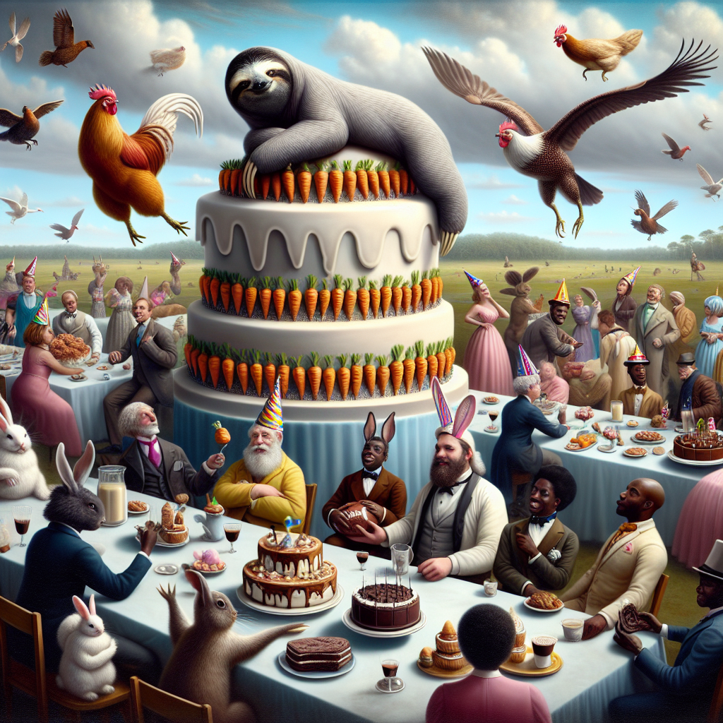 Depict a scene of a birthday party happening in a whimsical yet realistic landscape. At the centre of the event stands a massive cake, intriguingly sculpted in the shape of a sloth holding a football. The cake is decorated with sweet marzipan carrots, serving as edible adornments for the several chocolate-milk-drinking rabbits reclining comfortably around the base. In the peculiar sky overhead, chickens adorned with festive party hats are flying, casting playful shadows on the diverse guests below. The guests comprise of men and women of various descents including Caucasians, Hispanics, Blacks, Middle-Eastern, South Asians, and Whites who are animatedly discussing the latest in poultry-fashion trends while holding magazines.
Generated with these themes: Chickens, Sloths, Rabbits, Football, Chocolate milk , and Magazines.
Made with ❤️ by AI.