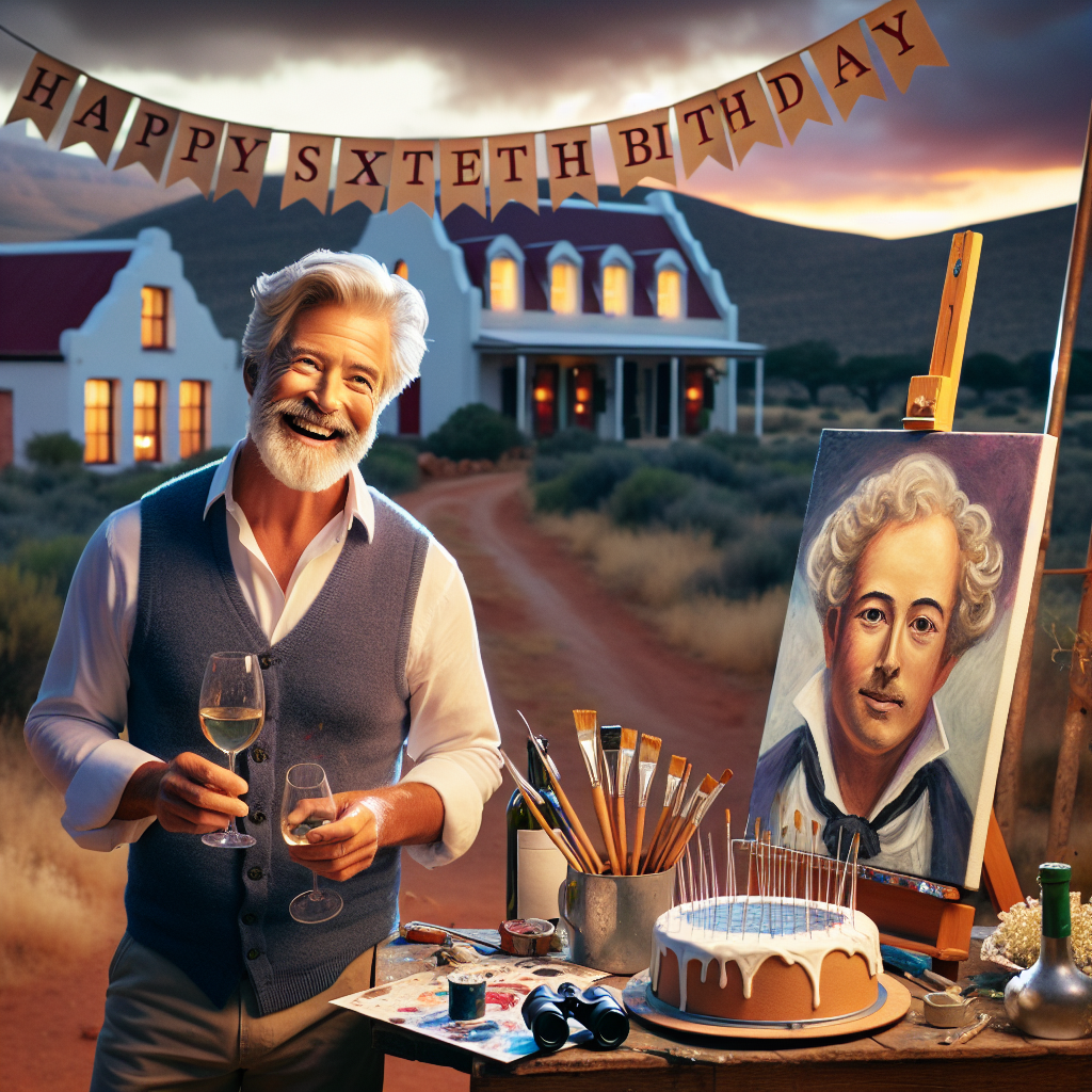 A heartwarming birthday scene taking place in the Karoo desert at dusk. An artistic male, Caucasian, with a passion for opera stands smiling in front of his picturesque house. He is holding a glass of wine in his hand while a freshly painted canvas sits on an easel nearby, reflecting his love for art. A pair of opera binoculars sit on a table nearby, hinting at his other interest. Fluttering above is a banner that reads 'Happy sixtieth birthday', casting a festive mood over the serene desert setting.
Generated with these themes: Happy sixtieth birthday of art and opera loving male with his karoo desert house..
Made with ❤️ by AI.