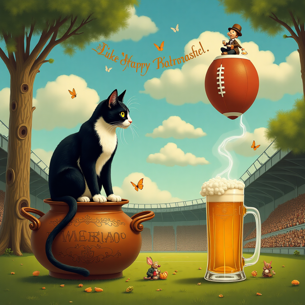 In this surreal birthday scene, the whimsical world unfolds on a grassy football pitch, reminiscent of a Bolton Wanderers match day, yet infused with a magical twist. A tuxedo cat, with glossy black and white fur, sits proudly atop a curry pot which is steaming with an aromatic blend of spices. The curry pot is an oversized, ornate cauldron with intricate Victorian engravings, reminiscent of Aubrey Beardsley's style, sitting at the edge of the pitch. Next to the pot, a frothy mug of beer stands tall, but it is not just any beer mug—its glass is engraved with little footballs and a tiny Bolton Wanderers logo. Scattered around the base of the mug, hops and barley sprout like small plants, a nod to its origins.

In the sky, fluffy white clouds are whimsically shaped into the letters spelling out "Happy Birthday Marsy!" as if crafted by a playful giant's hand. The sun casts a Maxfield Parrish-like glow, bathing the scene in vibrant colors. The pitch is bordered by large trees whose trunks have the carved faces of spectators, reminiscent of Arthur Rackham's enchanted forests. 

Hovering above the pitch, a giant football floats mid-air, with delicate butterfly wings attached, an homage to Maurice Sendak's fantastical creatures. Perched atop the ball, a diminutive Edward Gorey-styled figure in a bowler hat peers curiously at the scene below. On the sidelines, tiny Beatrix Potter-style creatures engage in a curry picnic, each with their own miniature beer mugs, toasting to Marsy's birthday.

All these elements come together in a captivating and bizarre tableau, merging the love for Bolton Wanderers, the warmth of a good curry, the merriment of beer, and the charm of a tuxedo cat, to create a one-of-a-kind birthday greeting for Marsy.
Generated with these themes: Tuxedo cat, Beer, Curry, and Bolton wanderers.
Made with ❤️ by AI.