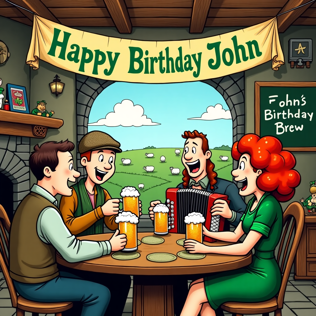 In this lively cartoon birthday scene set in a traditional Irish pub, the room buzzes with festive energy. The pub, with its dark wooden beams and cozy fireplace, is bustling. At the center of the scene, two men and two women sit at a round wooden table adorned with Celtic knot carvings. They're mid-laugh, mugs of frothy beer raised in a hearty toast. One man, with a cheeky grin, sports a tweed flat cap reminiscent of Charles Schulz’s character styling, while his companion, a robust woman with vibrant red hair styled in curls reminiscent of Osamu Tezuka's expressive characters, wears a green woolen shawl. 

The second couple across the table features a lanky man with exaggerated Disney-esque eyes, holding a beer in one hand and an accordion in the other, ready to burst into song. Next to him, a petite woman, whose Hergé-like elegance is highlighted by her polka-dotted dress, balances a stout mug precariously on her head as she giggles. Scattered on the table are beer mats and a small leprechaun figurine with a mischievous Bill Watterson twinkle.

The pub's stone walls are lined with vintage posters and Irish memorabilia. Above, a banner stretches across the ceiling beams, whimsically scrawled with "Happy Birthday John" in vibrant green and gold letters, designed in a playful R. Crumb style, adding a unique flair. In the backdrop, through a window, a lush Irish landscape is visible, dotted with sheep, drawn in a Winsor McCay dreamlike manner, under a sky filled with fluffy clouds that echo the forms of the characters’ laughter. A chalkboard behind the bar lists today’s special: "John's Birthday Brew," bringing the scene together with a touch of personalized humor.
Generated with these themes: Drinking beer in the pub in Ireland two men two women.
Made with ❤️ by AI.
