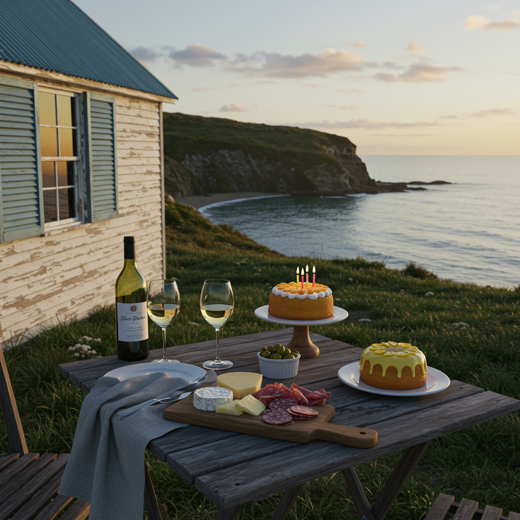 **Prompt for Image Generation:**

A realistic photograph-style image set at golden hour in a quiet ocean cove in New Zealand. The foreground shows a rustic wooden table set for two on a grassy bluff overlooking the water, beside the weathered side view of a small, white coastal house with faded blue shutters. On the table: two delicate wine glasses half-filled with white wine, a carefully arranged charcuterie board with artisan cheeses, cured meats, and olives, and a small, elegant lemon drizzle birthday cake on a simple ceramic stand. The soft ocean breeze slightly tousles a linen napkin, and the setting sun casts long shadows across the scene. The overall mood is serene and reflective, with the muted colors of the seascape and landscape enhancing the solemn ambiance.
Generated with these themes: New Zealand background, Side view of a house on an ocean cove, Table set for two with wine glasses and charcuterie board, and Lemon drizzle birthday cake on the table .
Made with ❤️ by AI.
