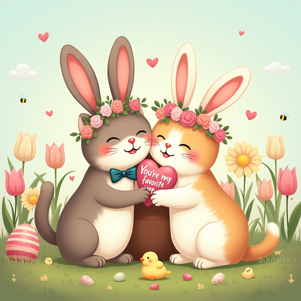 **Image Prompt:**

At the top of the illustration image, write: *Hoppy Easter, Mark — You’ve bunny-napped my heart!*

Illustrate two adorable cartoon-style cats deeply in love, both wearing oversized fluffy bunny ears — the male cat in a bow tie and the female in a flower crown made of mini pastel eggs. They're cuddling in a blooming spring meadow filled with painted Easter eggs and tulips. Behind them is a giant chocolate bunny they've clearly tried nibbling on together, with funny bite marks.

The female cat is gently booping the male cat’s nose with a painted Easter egg, while he holds a sign in his paw that says “You’re my favorite peep.” Their tails are intertwined into a heart shape.

The background should have soft, sunny skies, Easter baskets in the grass, and little chick friends peeking curiously from the flowers.

Add plenty of humorous romantic Easter elements: maybe a "Love Carrot" lying in the grass, heart-shaped egg patterns, and tiny bees buzzing in the shape of hearts. Let it feel like the fluffiest, most romantic Easter ever—with a whiskered twist!
Generated with these themes: Put romantic message on it. Two cats in love wearing bunny ears for Easter. One cat is male, the other one is female. Show that these cats are really in love and romantic. Easter date. .
Made with ❤️ by AI.