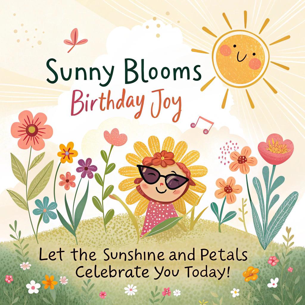 At the top of the card, "Sunny Blooms and Birthday Joy":

At the bottom, in a playful, whimsical font, add "Let the Sunshine and Petals Celebrate You Today!"

- In the center of the card, depict a cheerful sun wearing sunglasses, radiating warmth and happiness. The sun has a friendly smile, with blushing cheeks and rays beaming outwards like golden streamers.

- Surrounding the sun, illustrate a lively meadow of vibrant flowers in full bloom. Each flower has a cute, smiling face, with petals dancing in a gentle breeze.

- Include a cluster of dainty butterflies fluttering among the flowers, each with iridescent wings that catch the sunlight.

- Add a small picnic scene in the corner, featuring a checkered blanket with a basket of treats, where a tiny ladybug is nibbling on a crumb.

- In the background, depict rolling hills with patches of colorful wildflowers, under a sky that transitions from a bright blue to soft pastel hues near the horizon.

- Scatter a few fluffy clouds in the sky, where a small bird perched on one is chirping a birthday song.
Generated with these themes: Flowers, and Sun.
Made with ❤️ by AI.